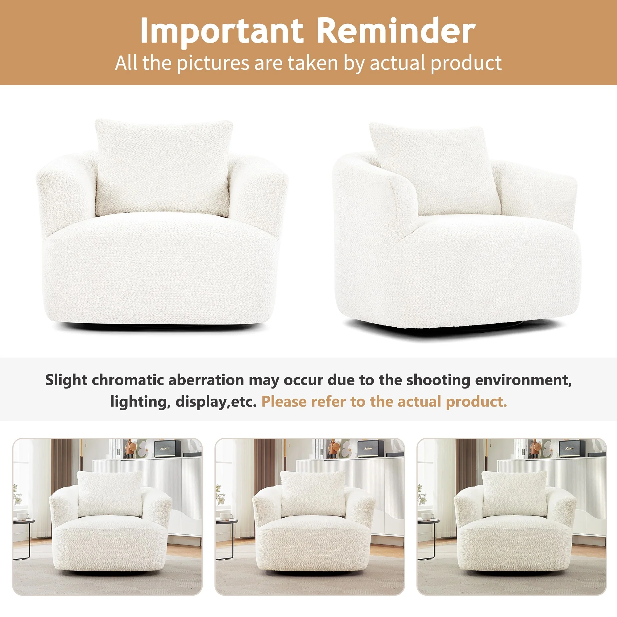 360�� Swivel Chair, 38.2 Boucle Accent Chair with Throw Pillow, Upholstered Barrel Sofa Chair with Curved Armrests