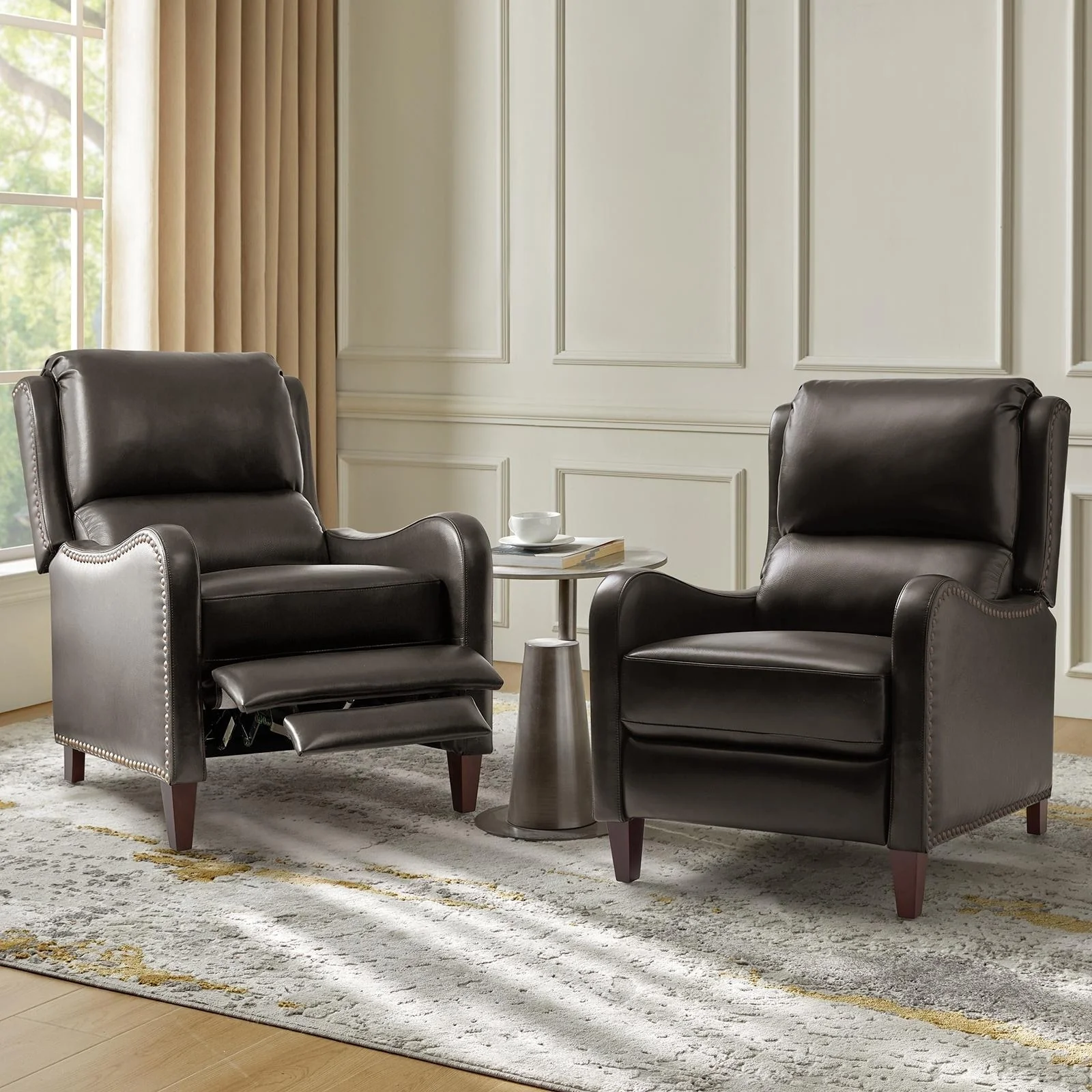 Brigida Modern Genuine Leather Nailhead Trim Recliner with Adjustable Footrest Set of 2 by HULALA HOME