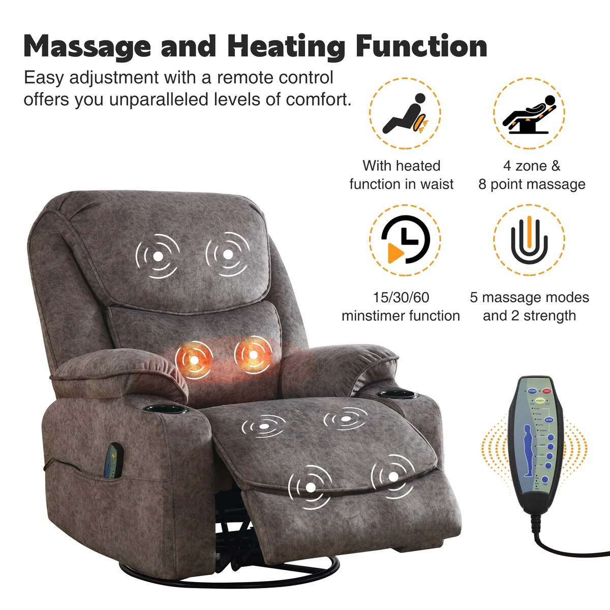 HOMYKA Swivel Manual Rocking Recliner Chair with Massage and Heat