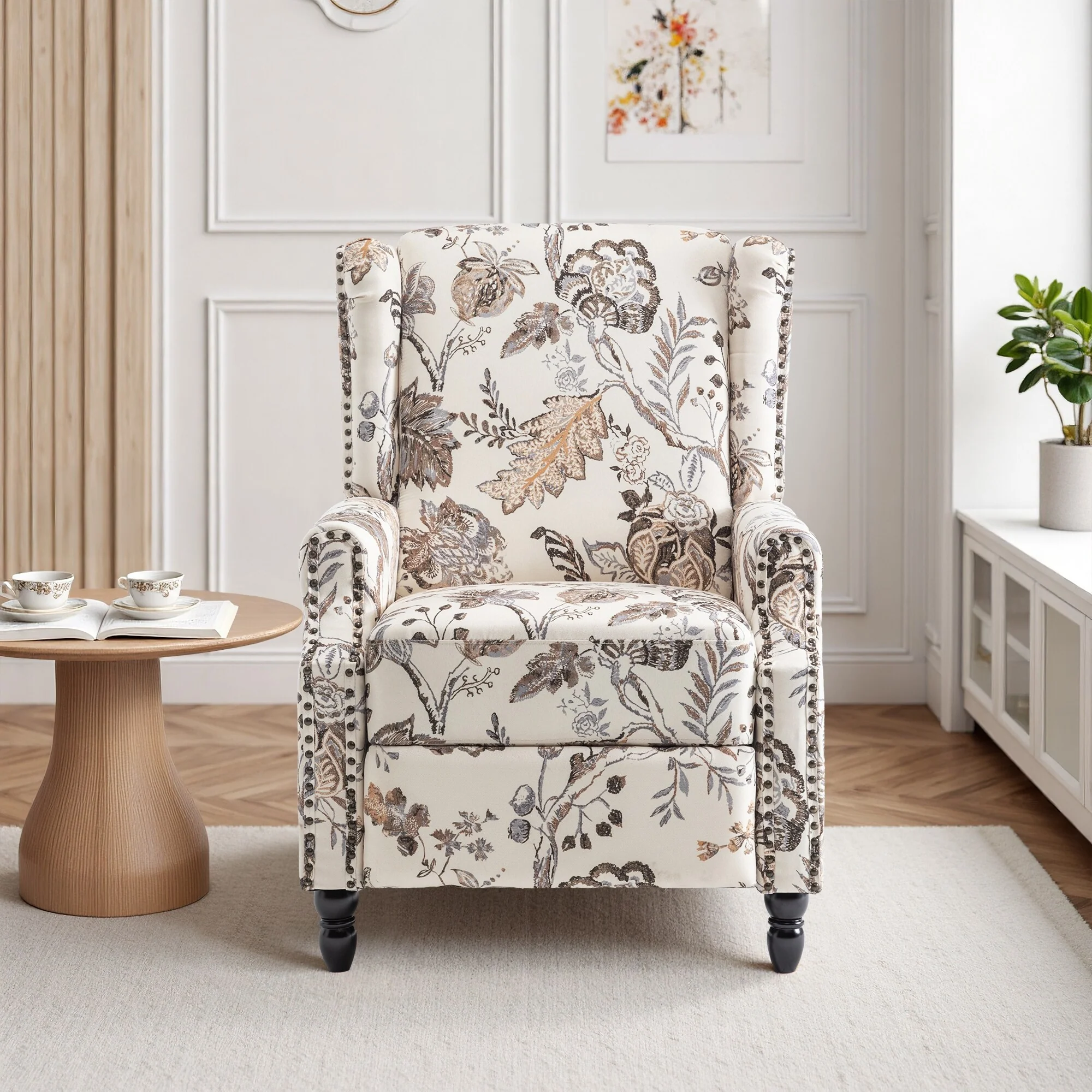 Linen Manual Upholstered Recliner with Wood Legs