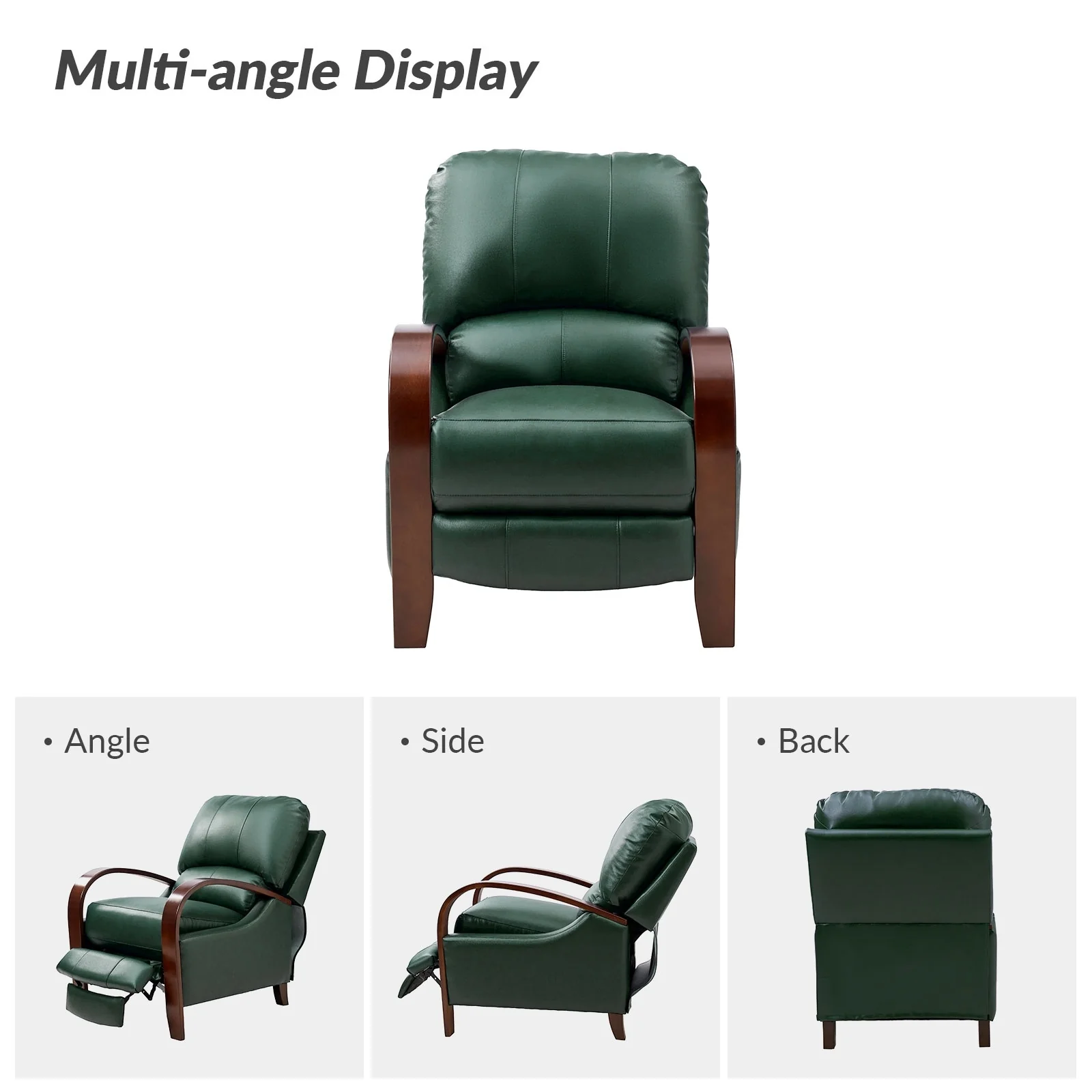 Alex Mid-century Modern Cigar Genuine Leather Manual Recliner with Wooden Curved Arms