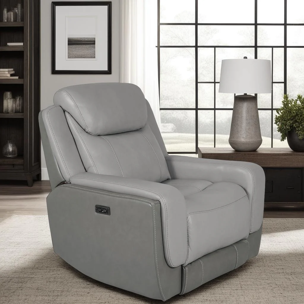 Rosalyn Zero Gravity Silver and Gray Leather Power Recliner with Power Headrest