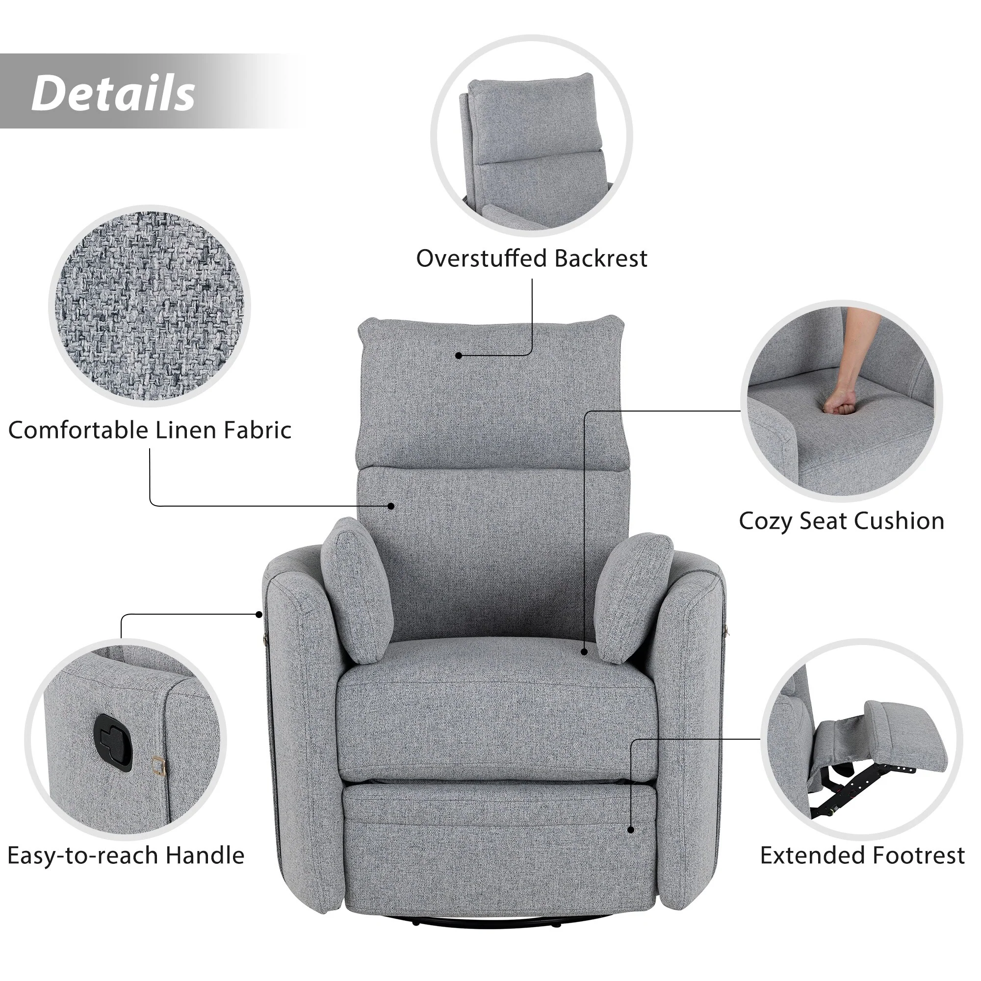 Beige Upholstered Swivel Rocker Recliner Chair with Manual Adjustment, 360�� Swivel, and Two Removable Pillows