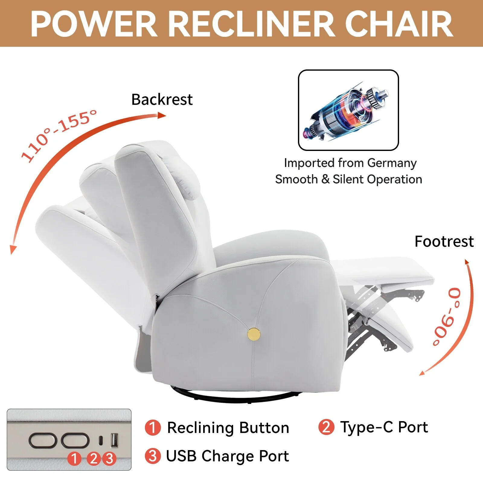 Swivel and Rocker Power Recliner Chair with Lumbar