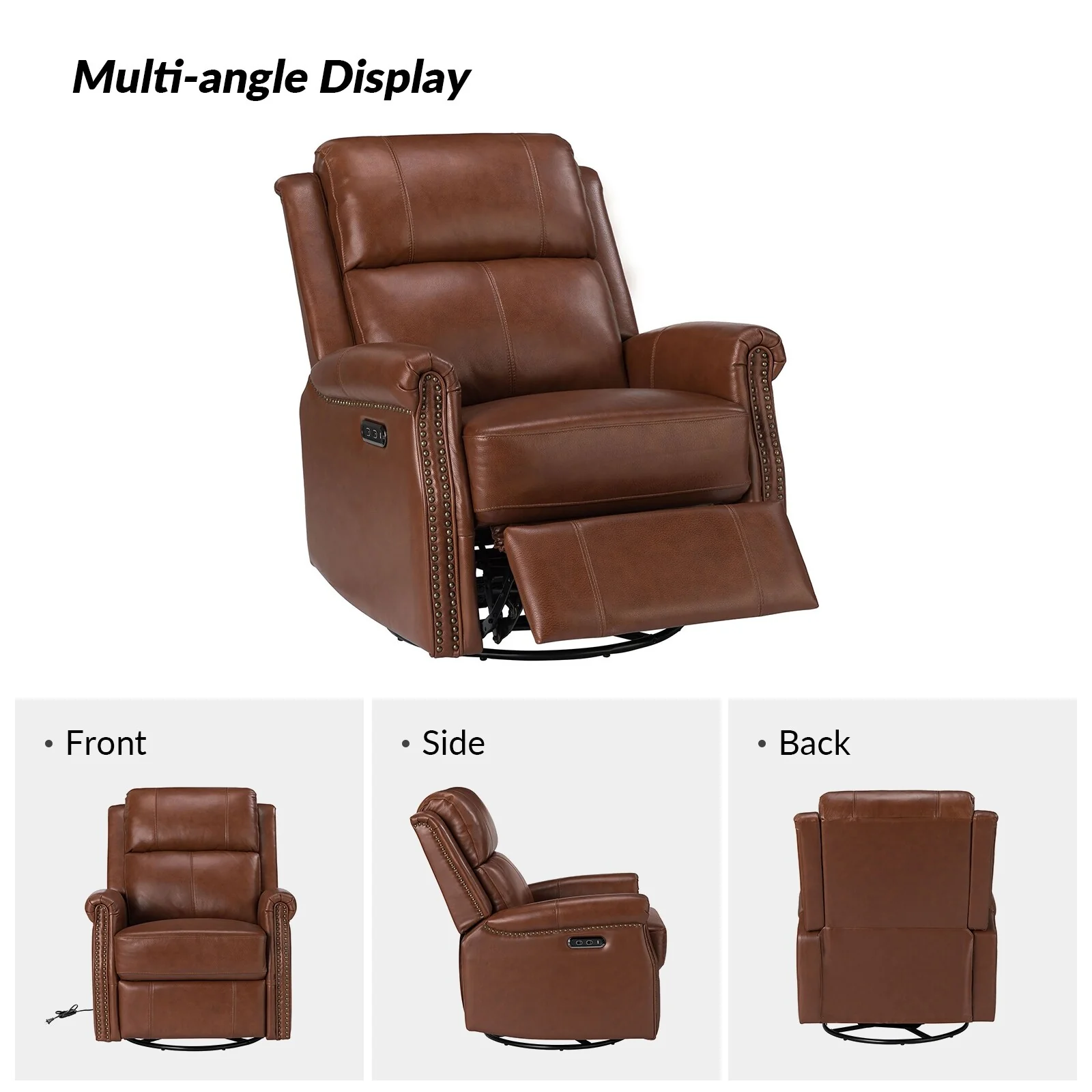 Renato Traditional Genuine Leather Nailhead Power Swivel Recliner Chair with Metal Base Set of 2 by HULALA HOME