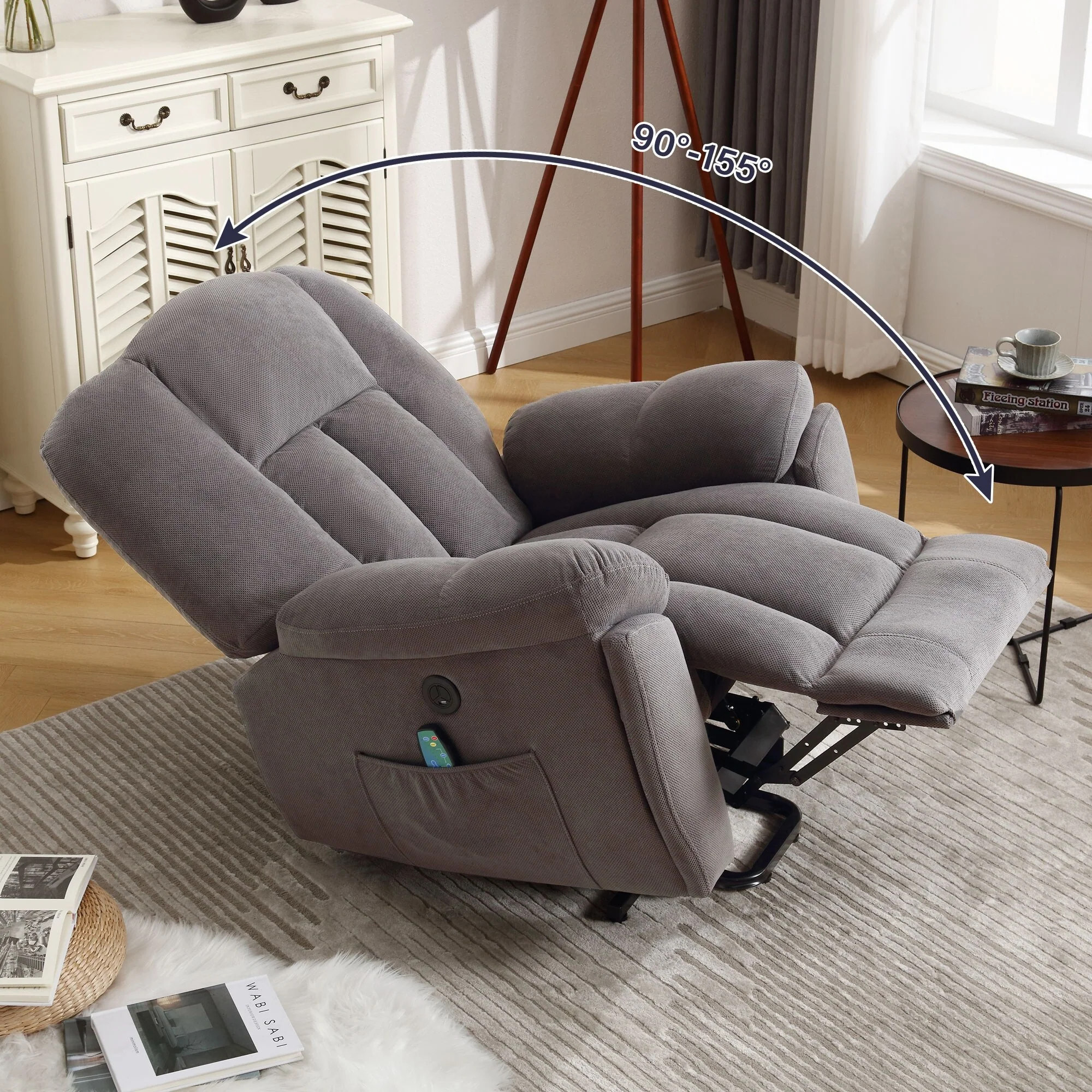Grey Electric Power Lift Recliner with Heating, Massage, Infinite Positions, USB Charging, and Convenient Side Pockets