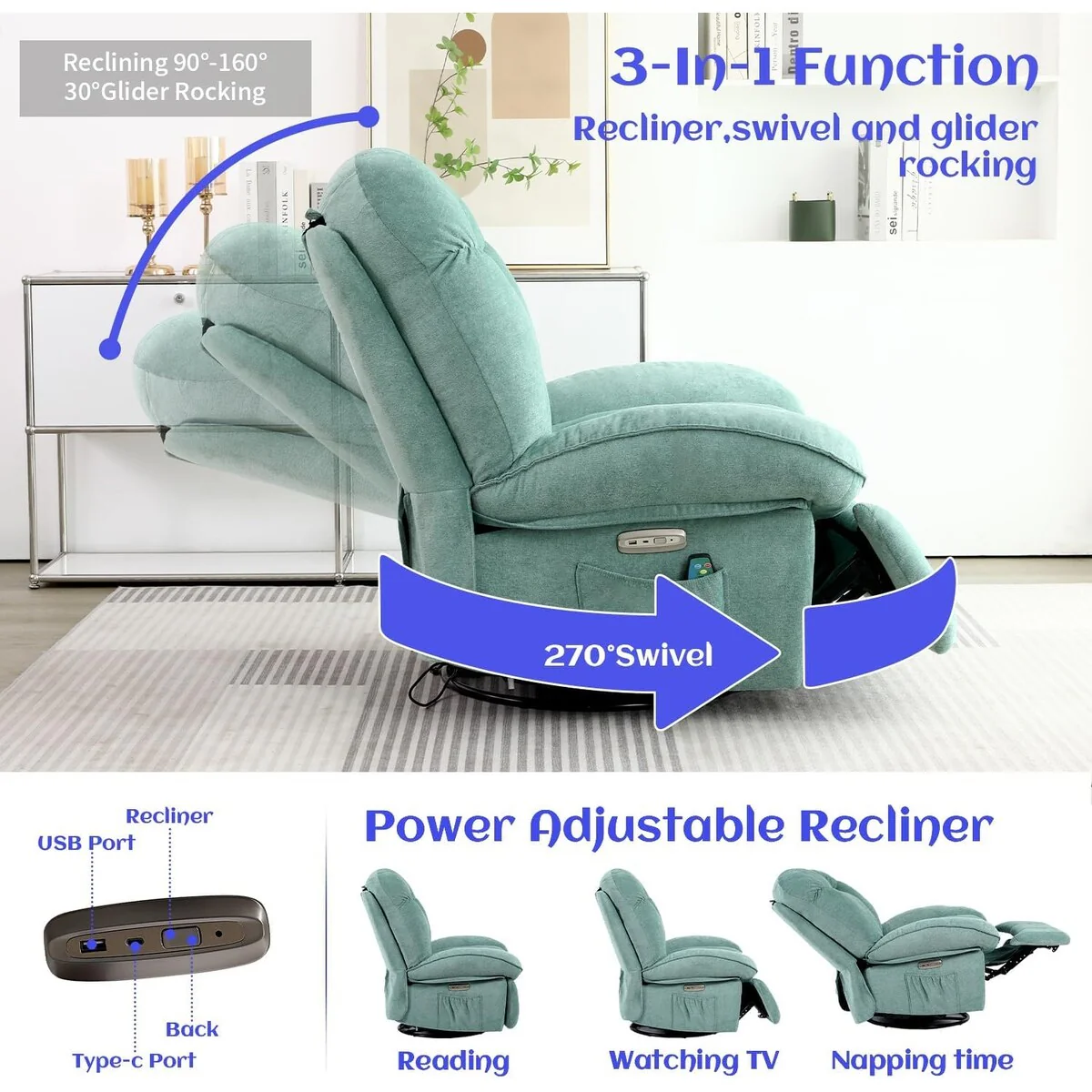 XINMICS Swivel Power Recliner Chair, Massage Rocker Recliners with Heated ,USB, USB-C and Side Pocket