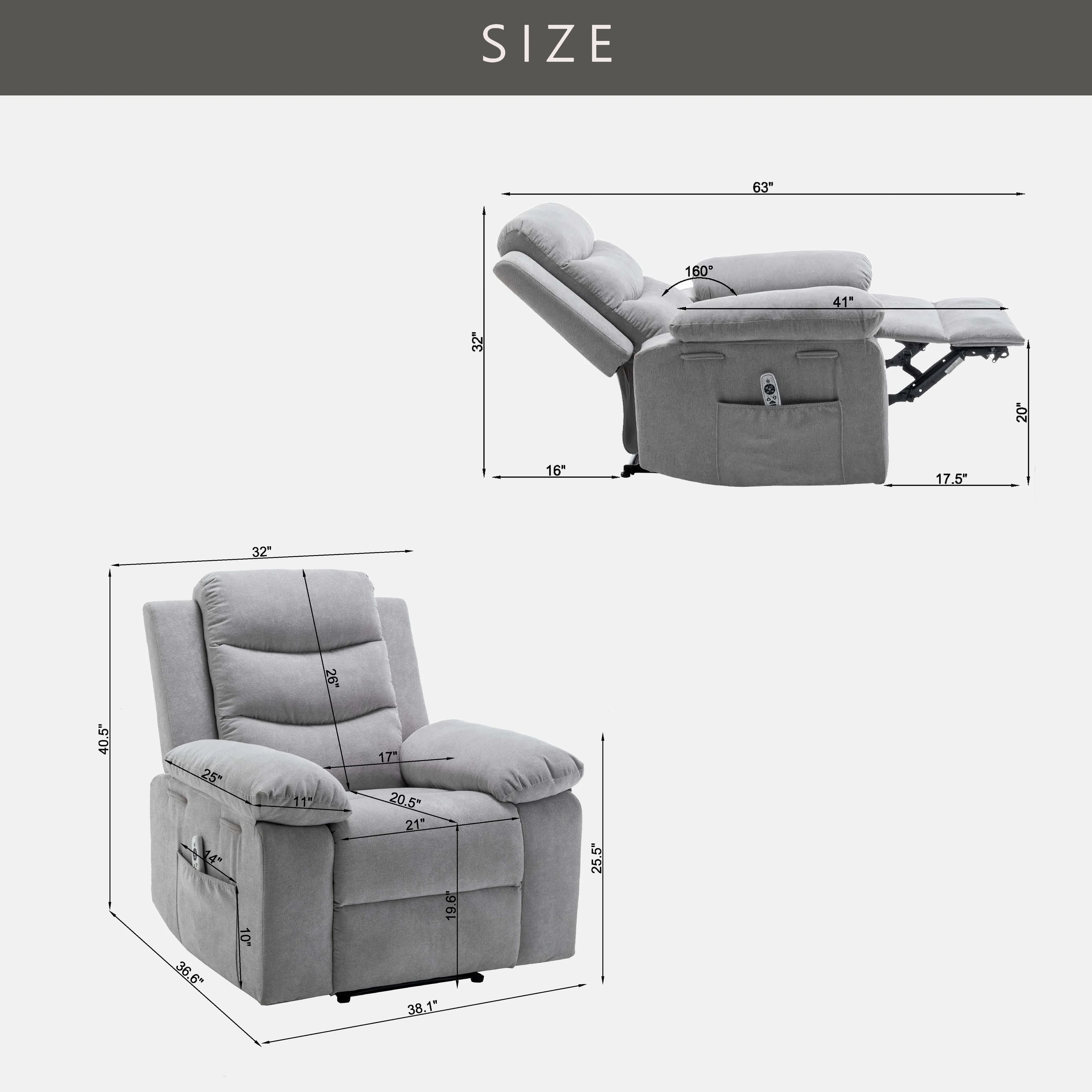 Power Recliner Chair with Adjustable Massage Function - 36.63 x 38.13 x 40.50