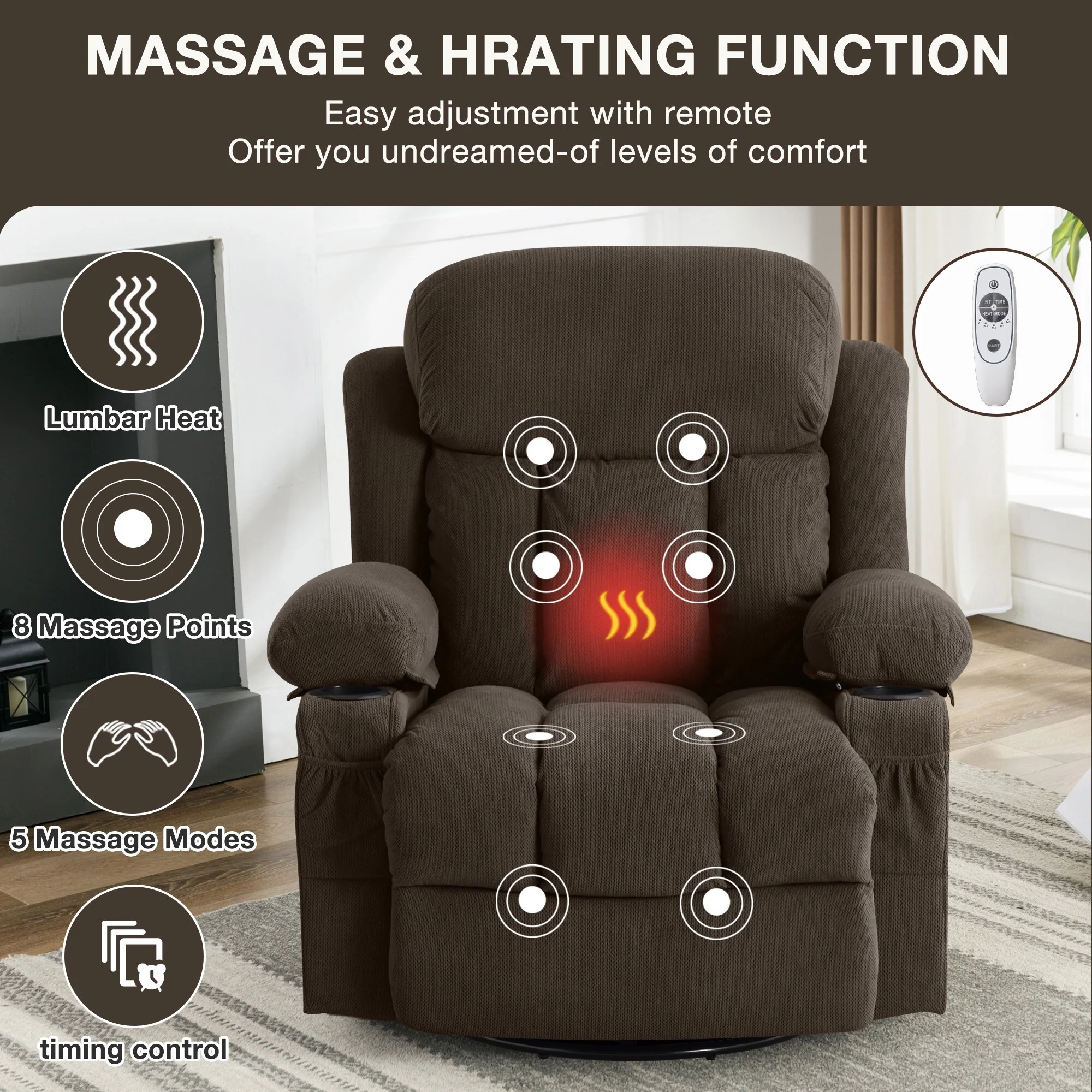 Swivel Massage Recliner Chair in Velvet with Heat & USB