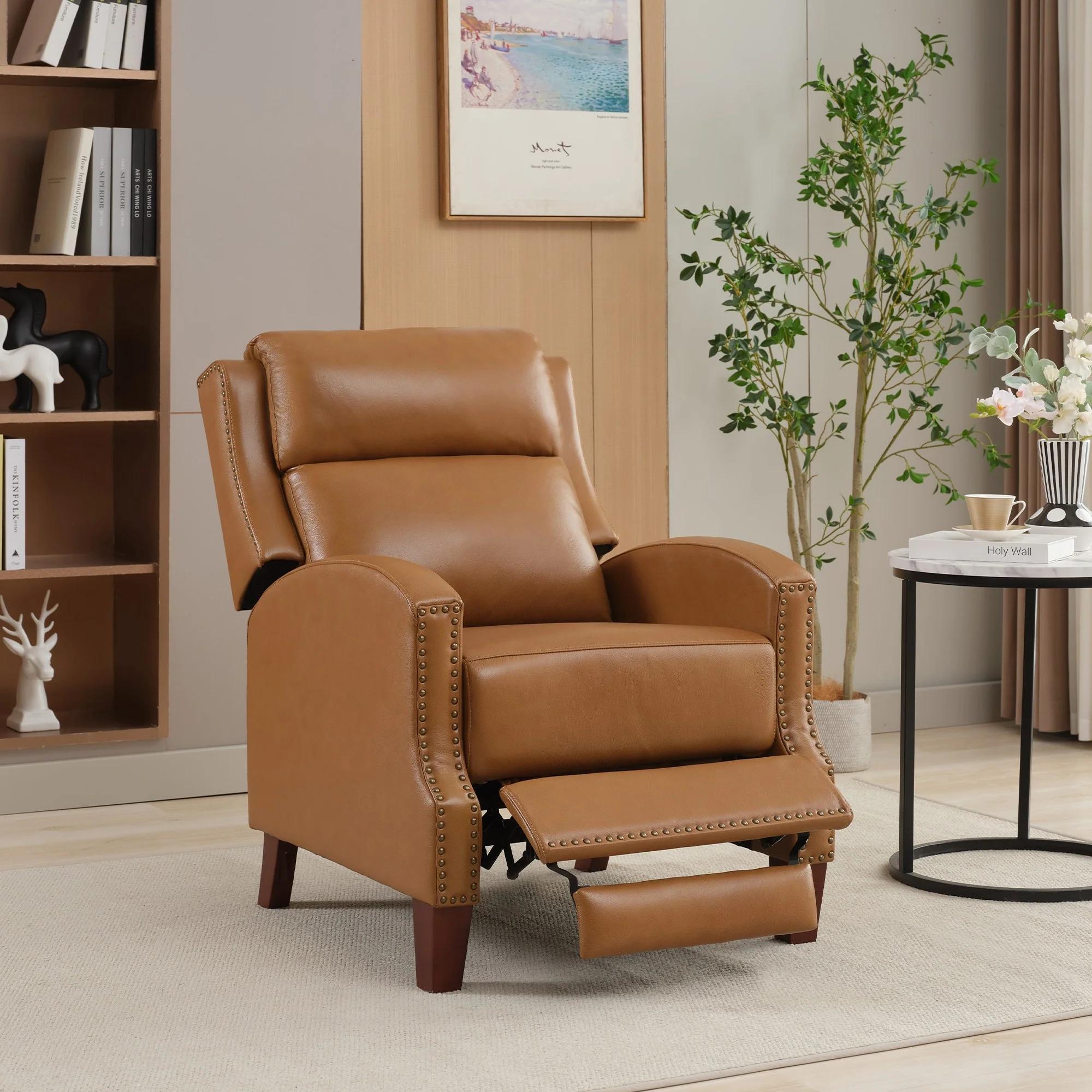 Genuine Leather Pushback Recliner with Multi-Angle Seat Back and Solid Wood Legs