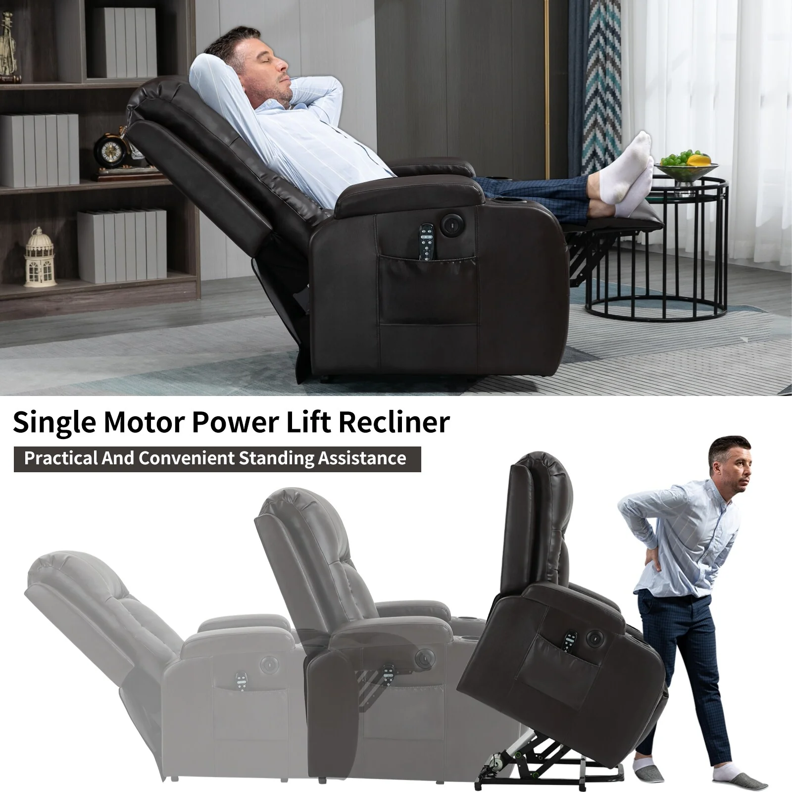 Heavy-Duty Power Lift Recliner with 8-Point Massage, Lumbar Heat Therapy, USB Charging, Dual Cup Holders, and Spacious Seating