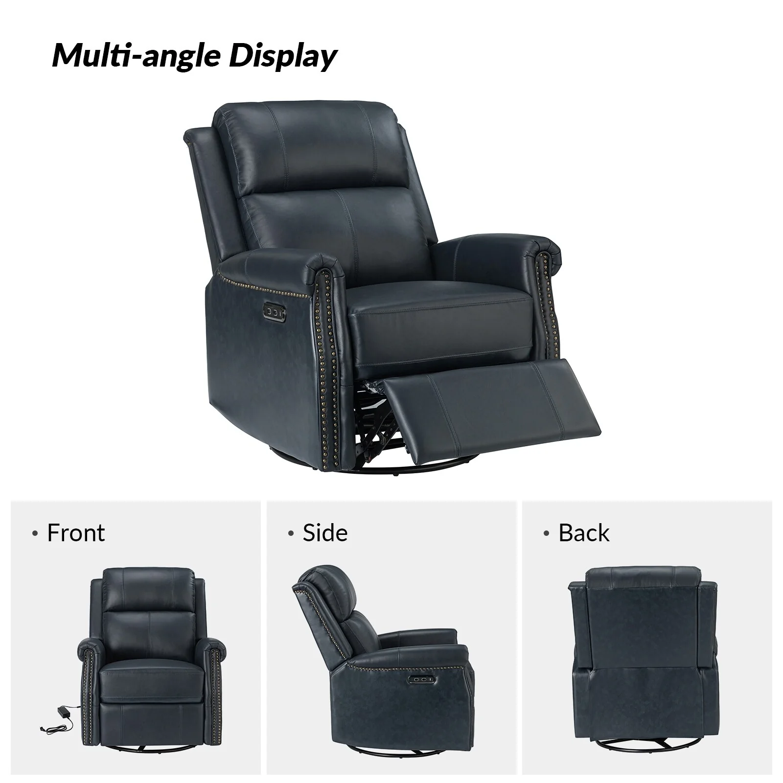 Renato Traditional Genuine Leather Nailhead Power Swivel Recliner Chair with Metal Base Set of 2 by HULALA HOME