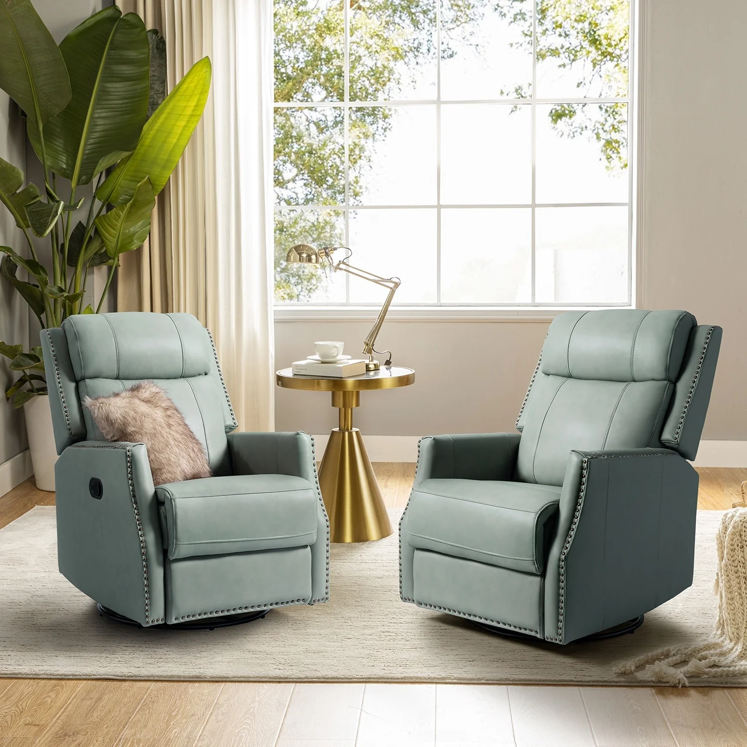 Demeter modern Genuine Leather Swivel Nursery Chair with Nailhead Trims Set of 2 by HULALA HOME