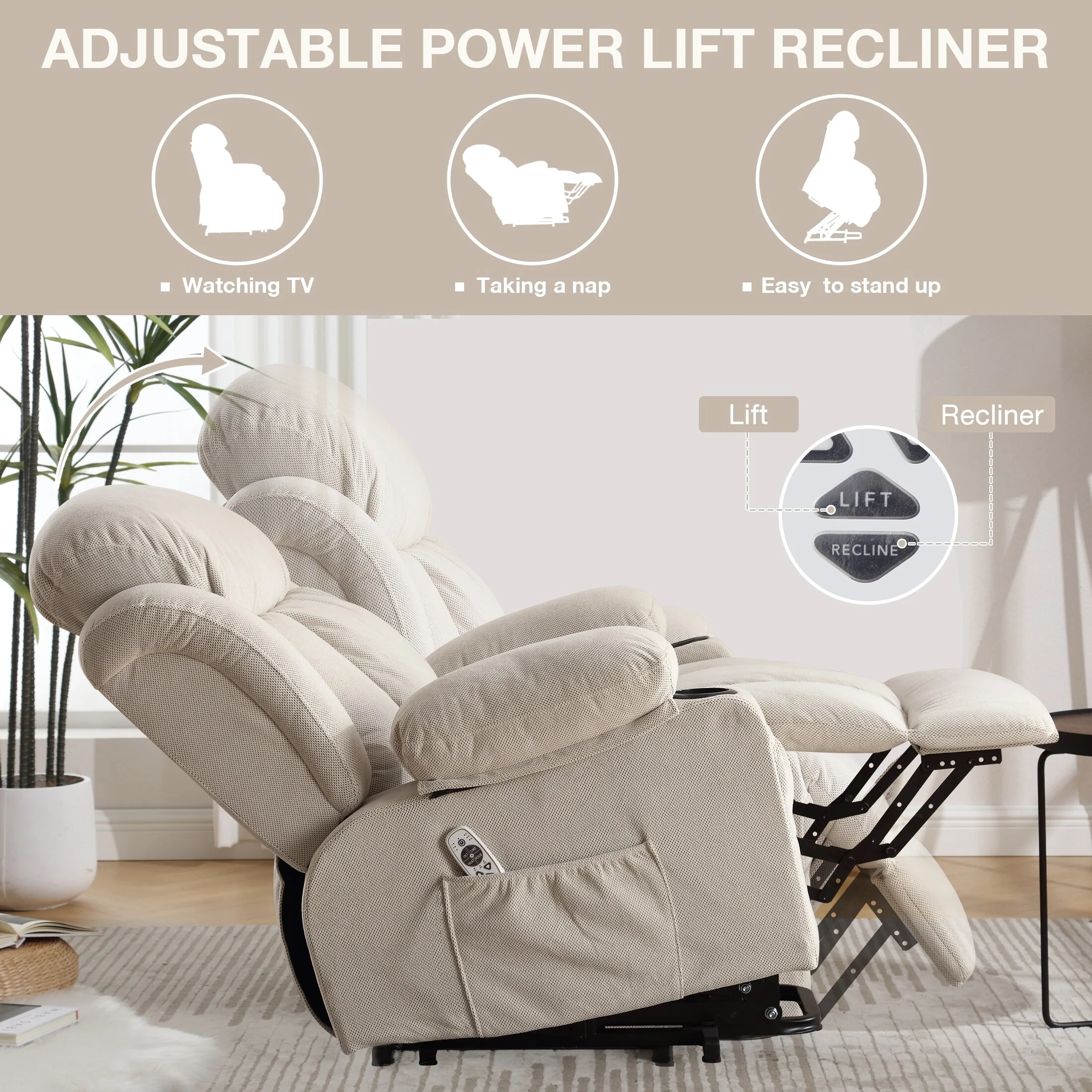 Beige Electric Recliner with Heat, Massage, USB, and Remote Control