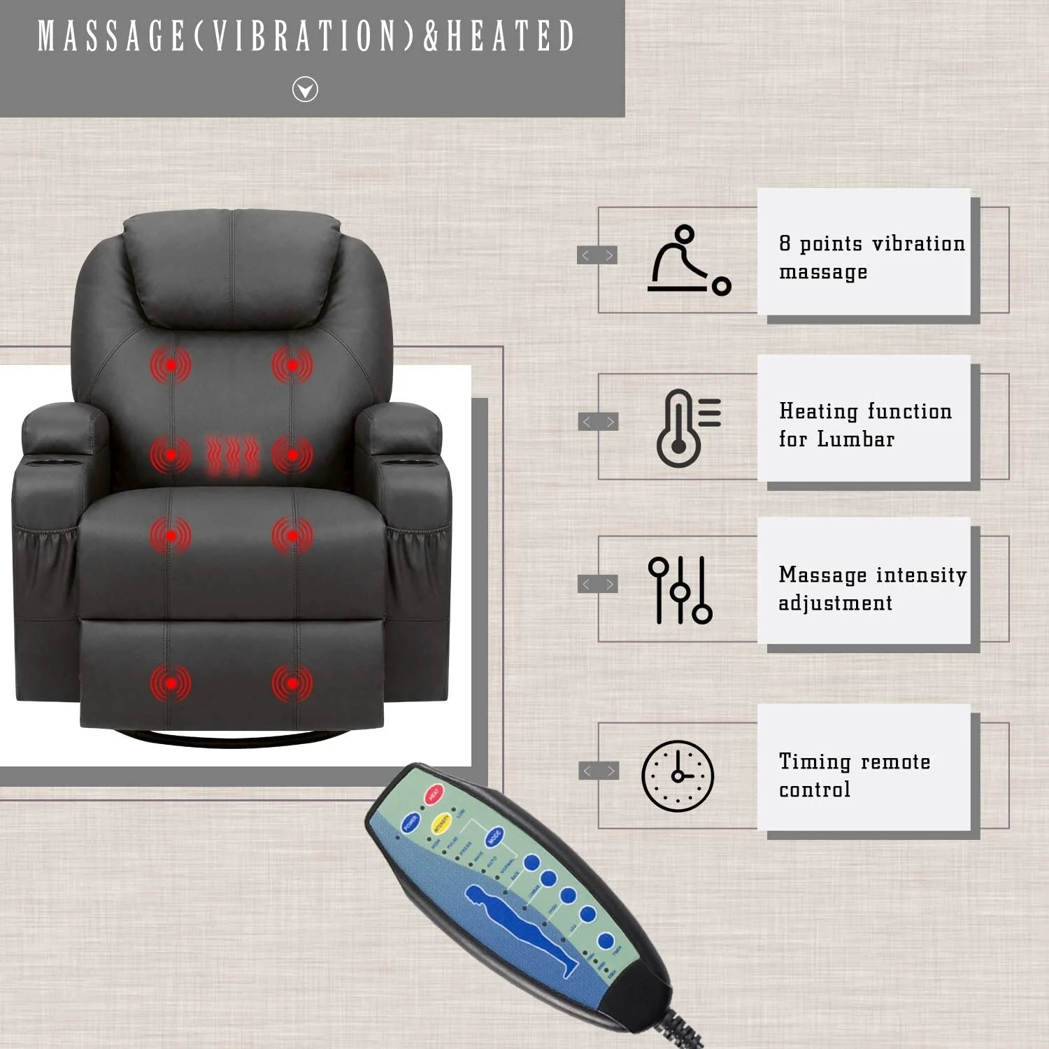 Furniwell Rotary Massage Heated Function Recliner PU Leather Whirl