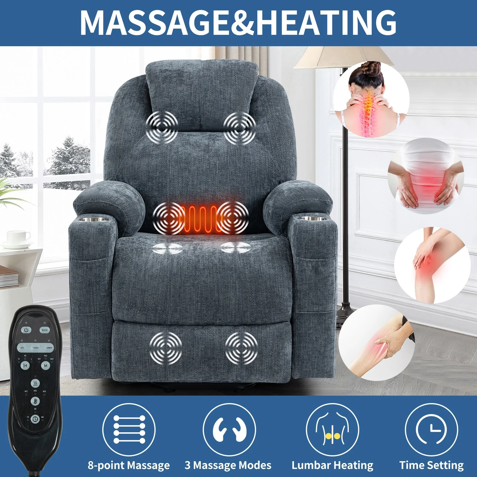 Power Lift Recliner with 8-Point Massage, Lumbar Heat, Dual USB Charging, and Stainless Steel Cup Holders