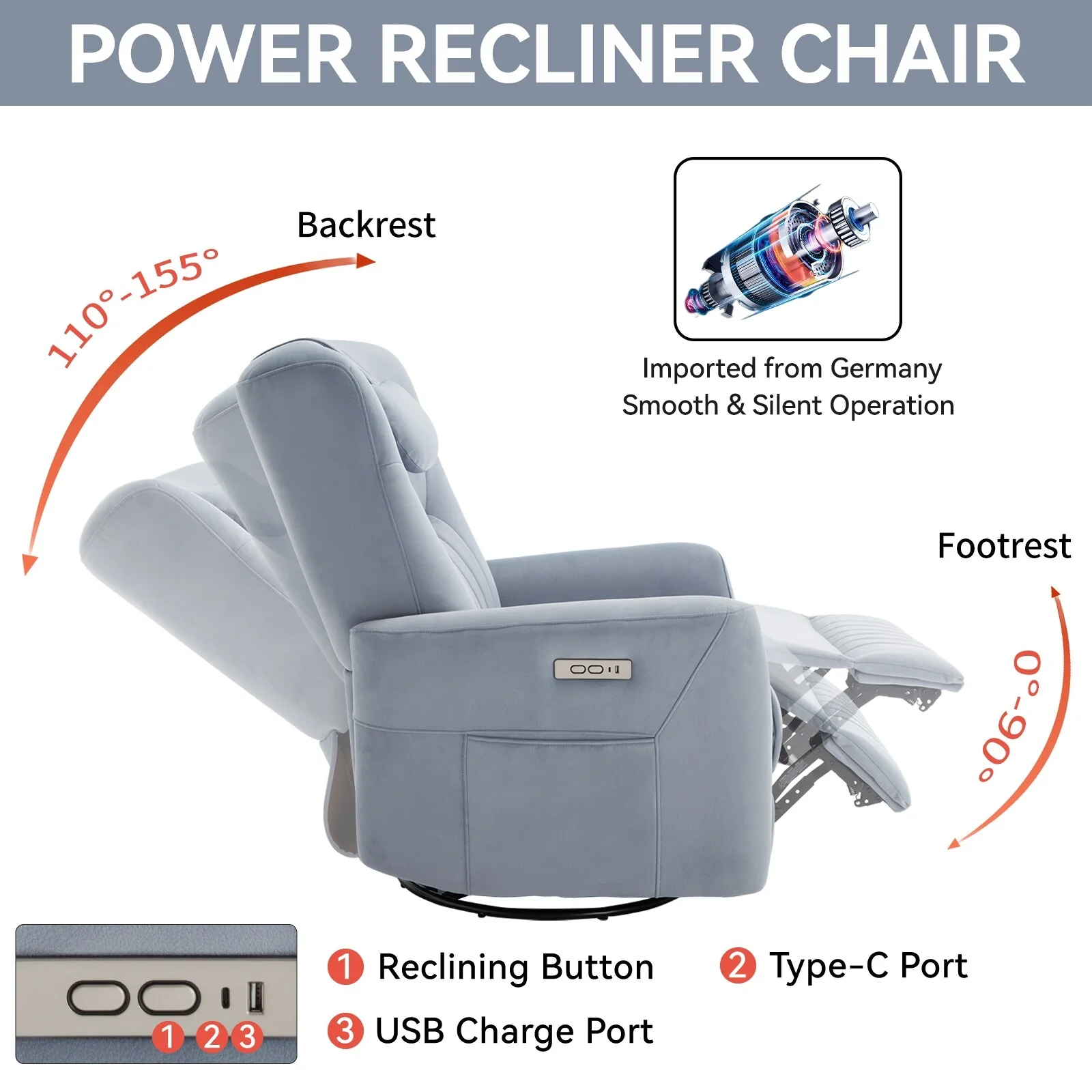 Swivel and Rocker Power Recliner Chair with Lumbar