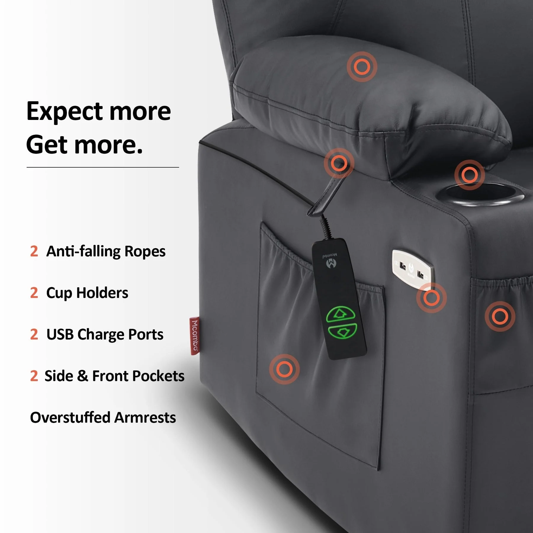 MCombo Large Power Lift Recliner Leather Chair with Massage, Heat, Cup Holders,Extended Footrest, Leather 7516