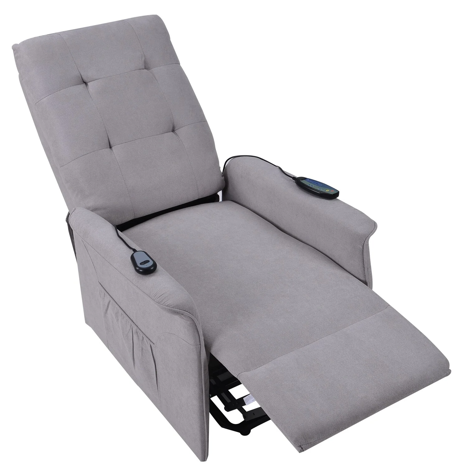 Grey Elderly Lift Recliner with Adjustable Massage, Overstuffed Cushioning, Remote Control, and Convenient Side Pockets