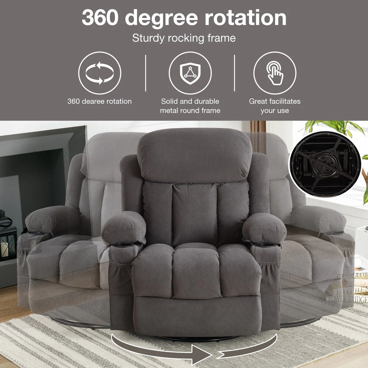 Swinging recliner massage heated sofa, with USB and 2 cup holders in side pockets, PackageA+B (BEIGE )