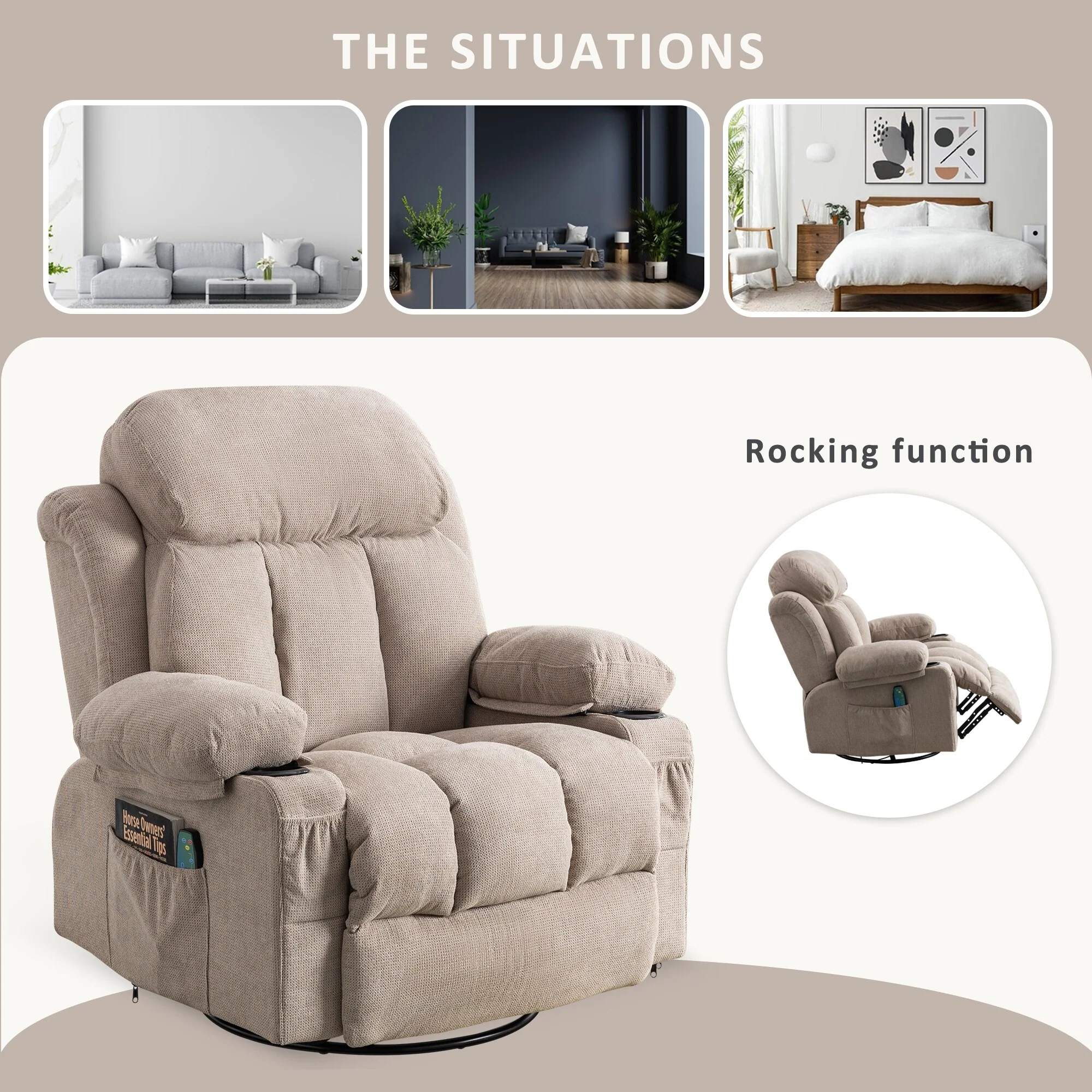 Beige 360�� Swivel Recliner Chair with Massage, Heat, USB, and Cup Holders