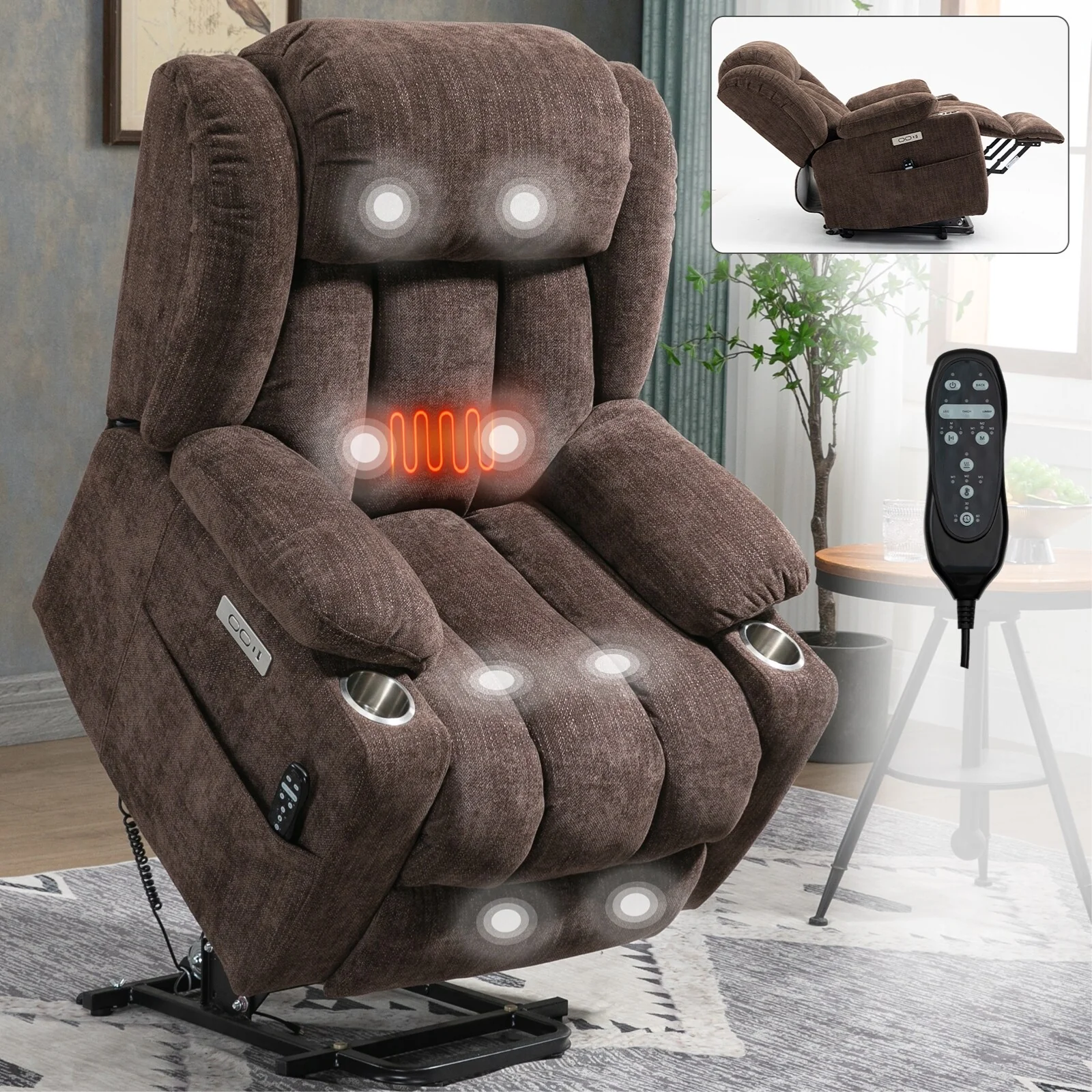 Grey Chenille Power Lift Recliner Chair with Massage, Lumbar Heating, USB & Type-C Ports, and Stainless Steel Cup Holders