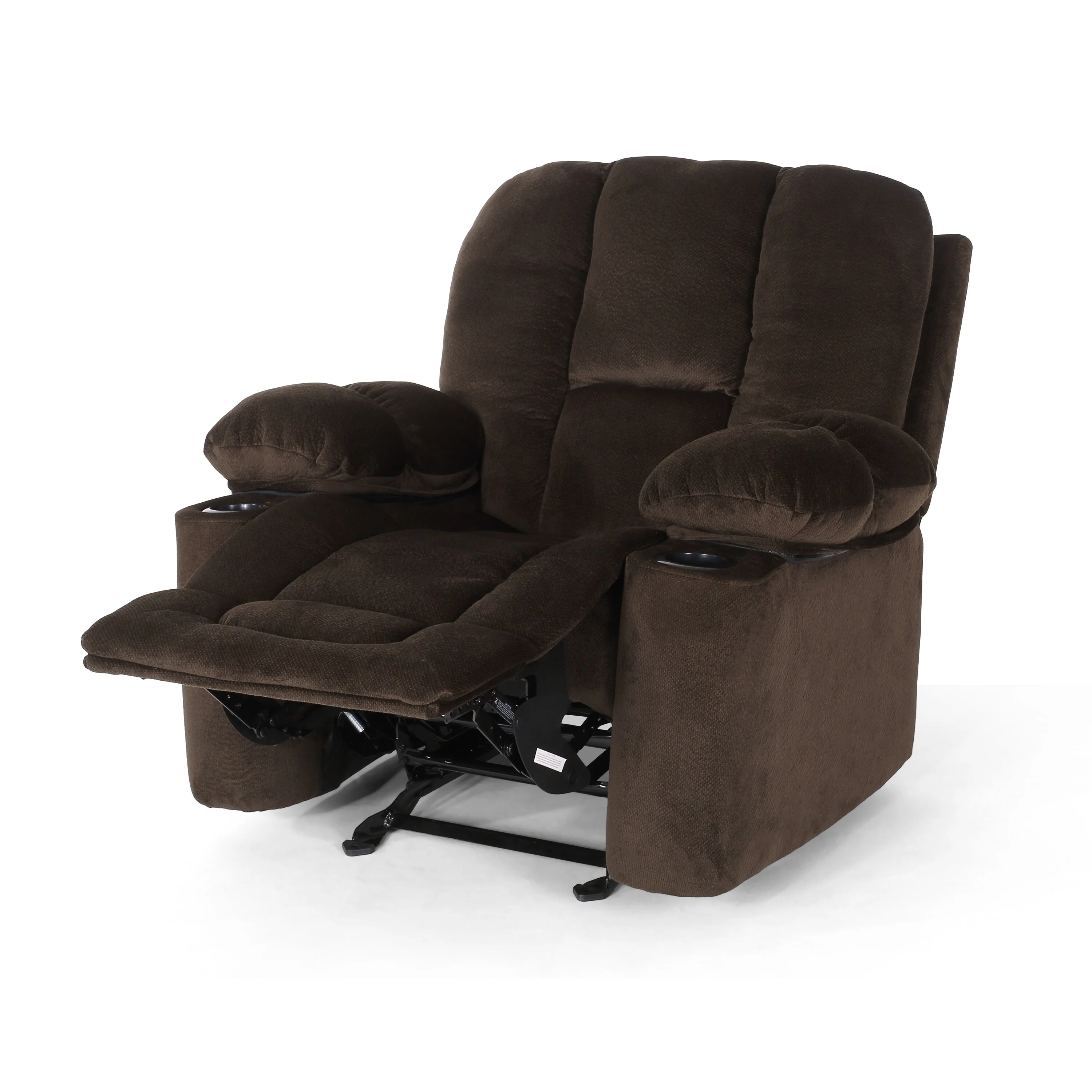 Brown Fabric Manual Recliner with Dual Cup Holders and Generous Dimensions