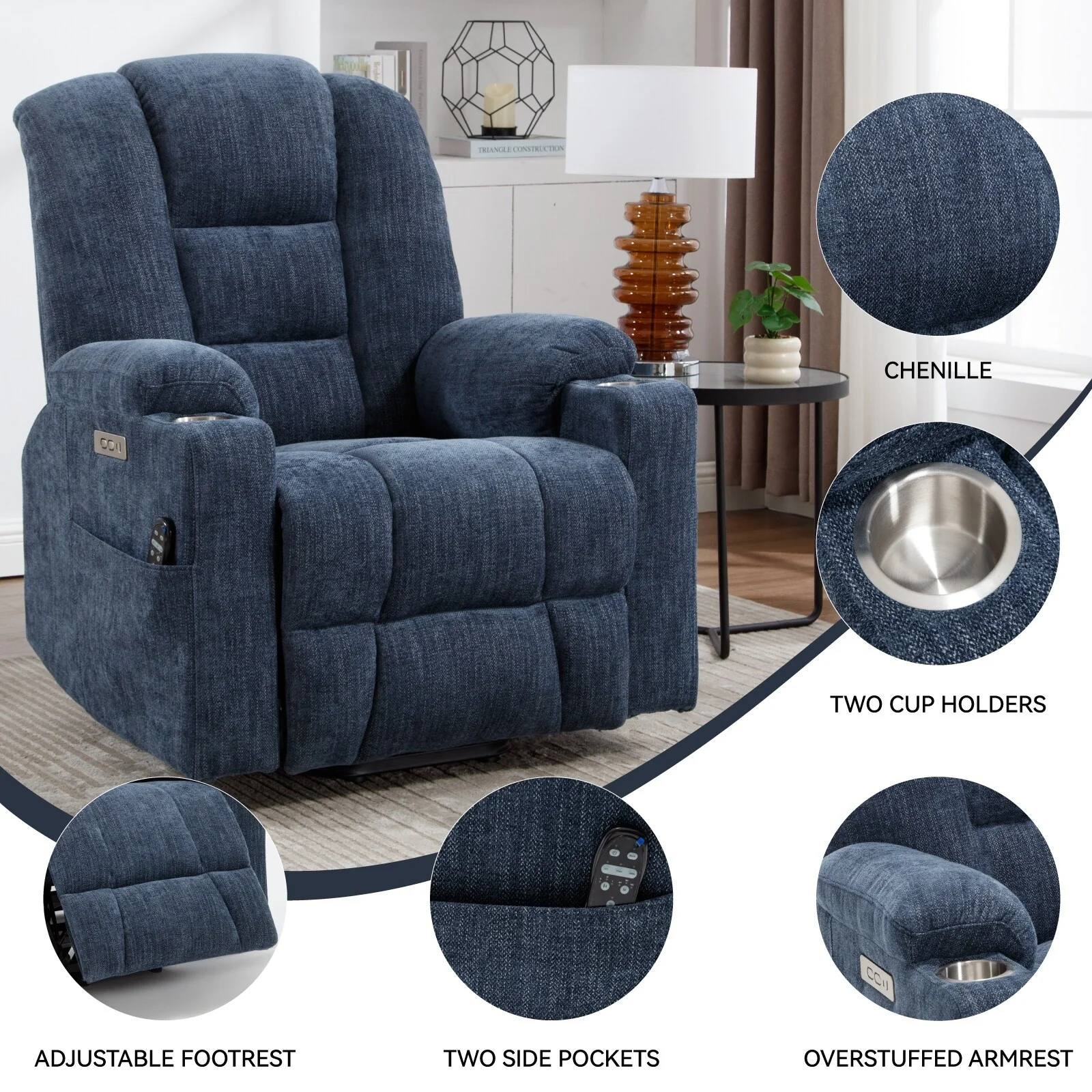 Power Lift Recliner Chair with Dual USB, Cup Holders & Chenille Fabric