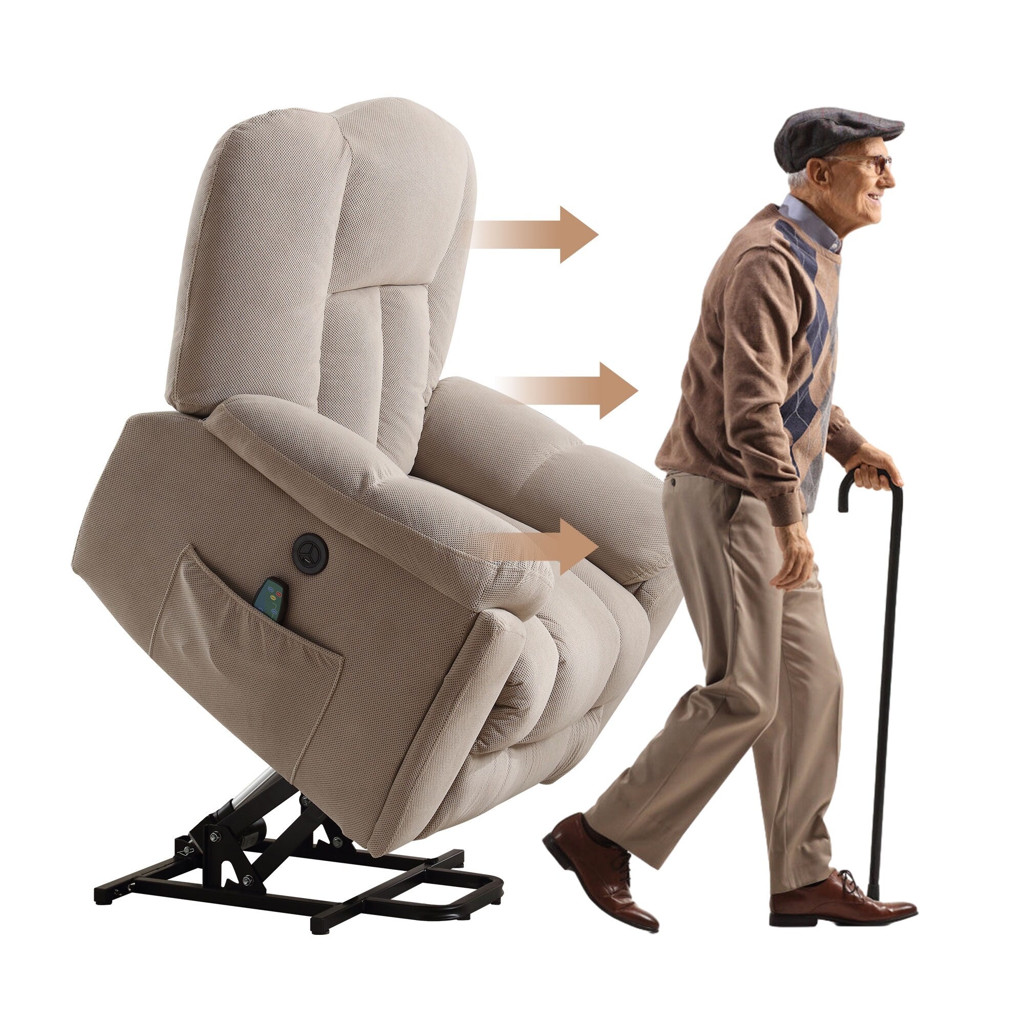 Grey Electric Power Lift Recliner with Heating, Massage, Infinite Positions, USB Charging, and Convenient Side Pockets