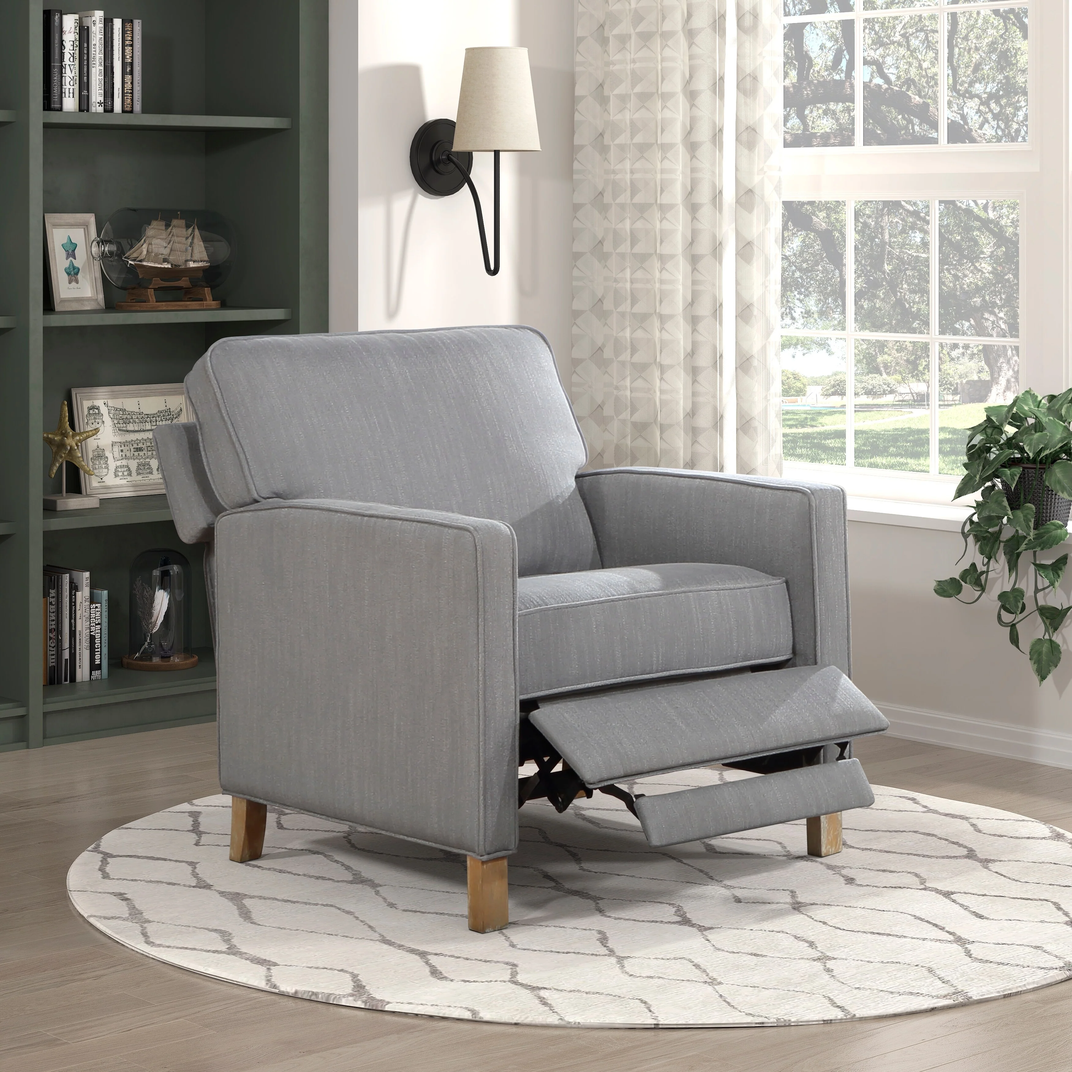 Classic Traditional Push Back Reclining Chair Gray Fabric Upholstery Cushion Seat Solid Wood Furniture 1pc
