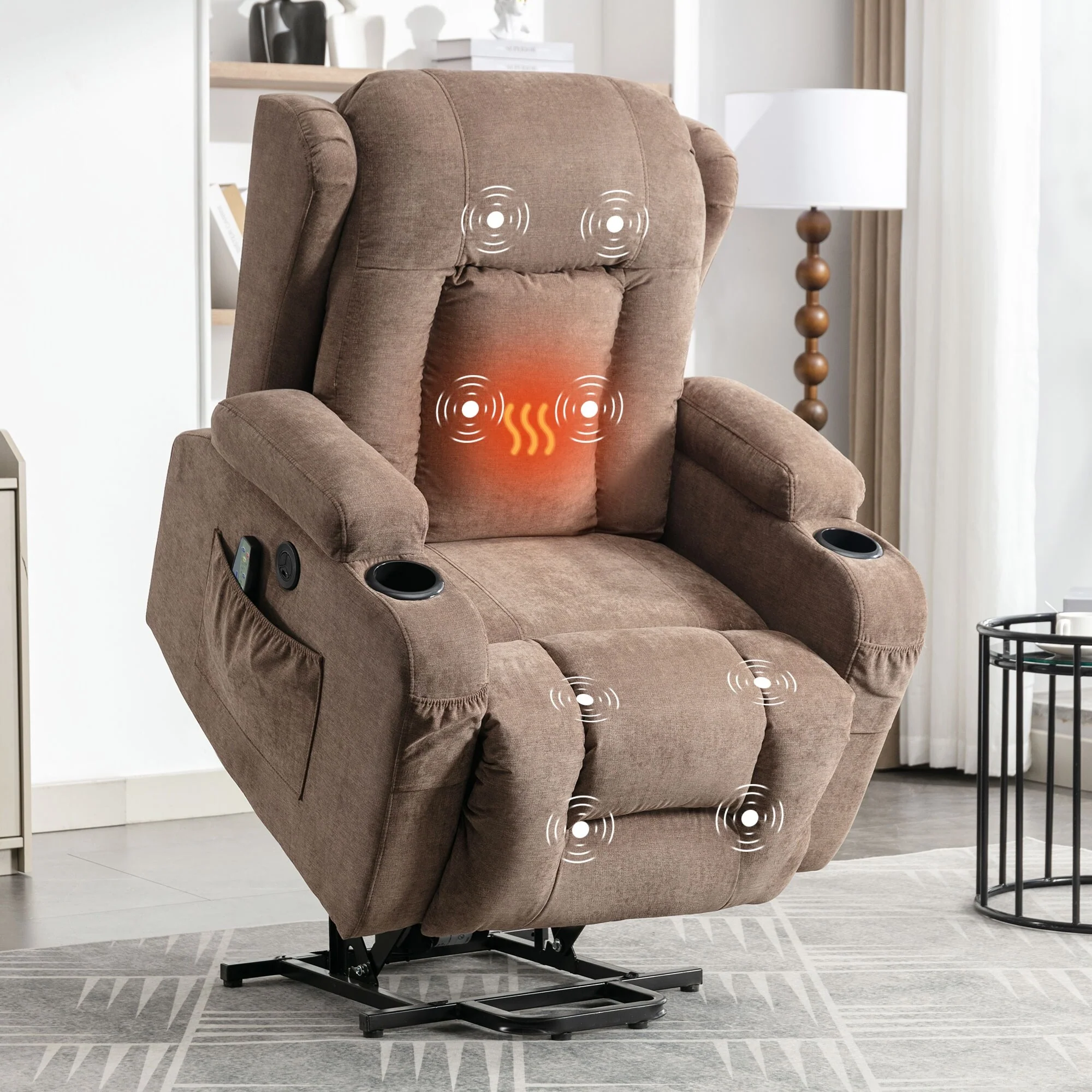 Brown Power Lift Recliner Chair with Heat, Massage, USB Port, and Side Pocket for Elderly, Adjustable Reclining for Living Room