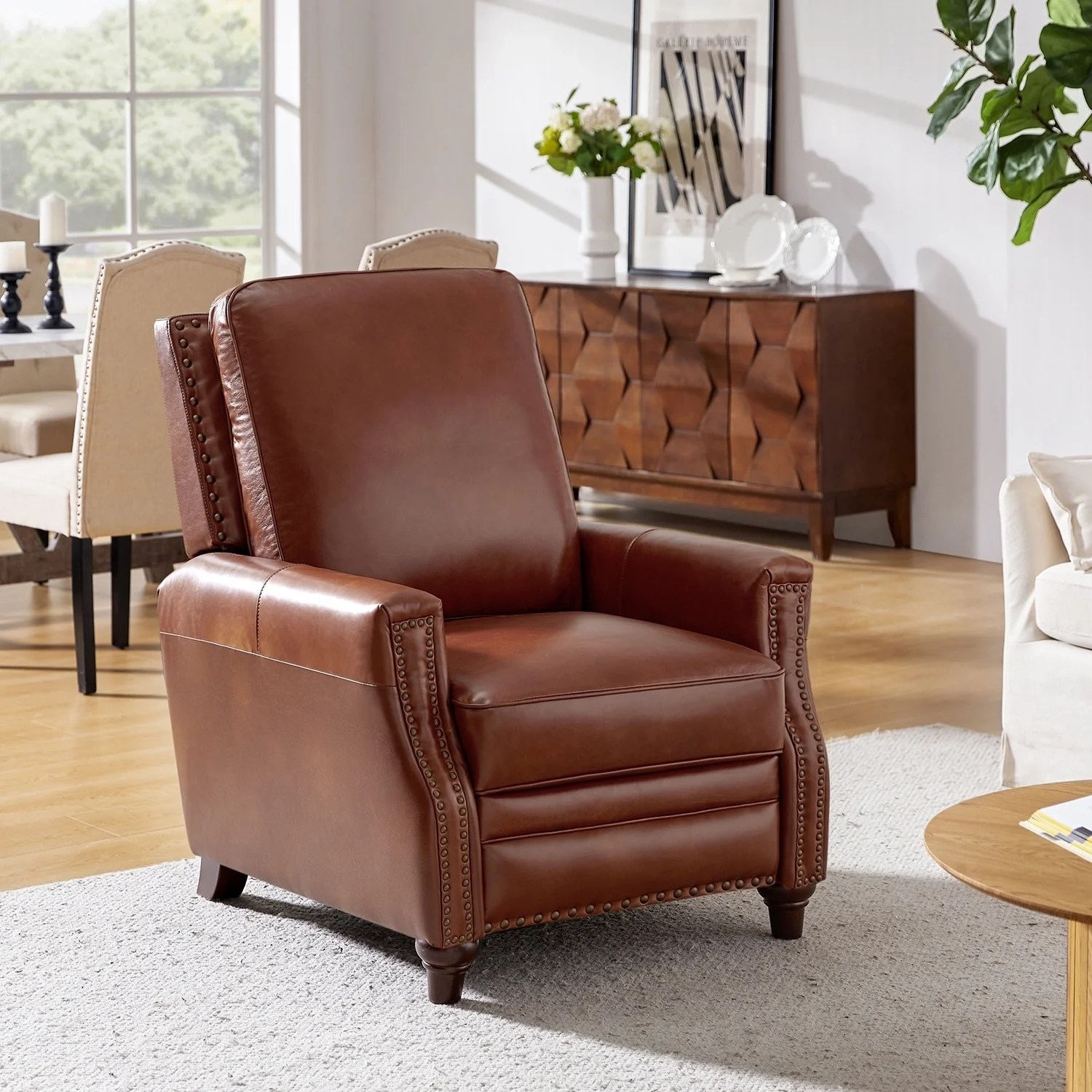 Cigar Mid-century Modern Genuine Leather Recliner with Nailhead Trim by HULALA HOME