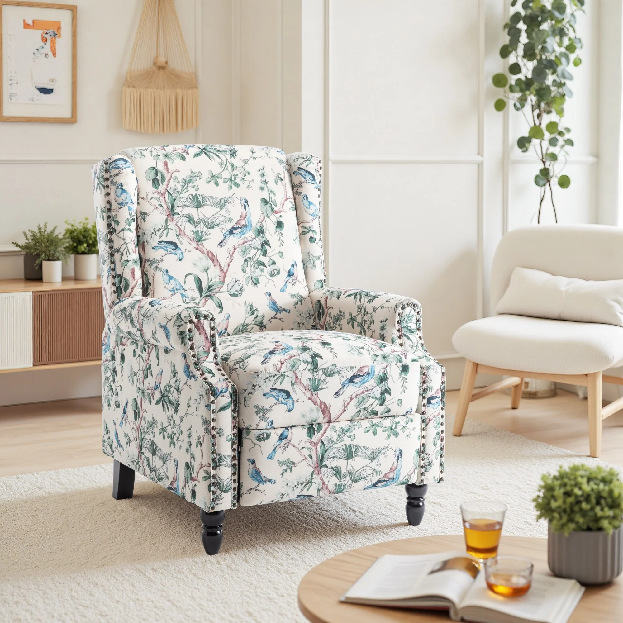 Linen Manual Upholstered Recliner with Wood Legs