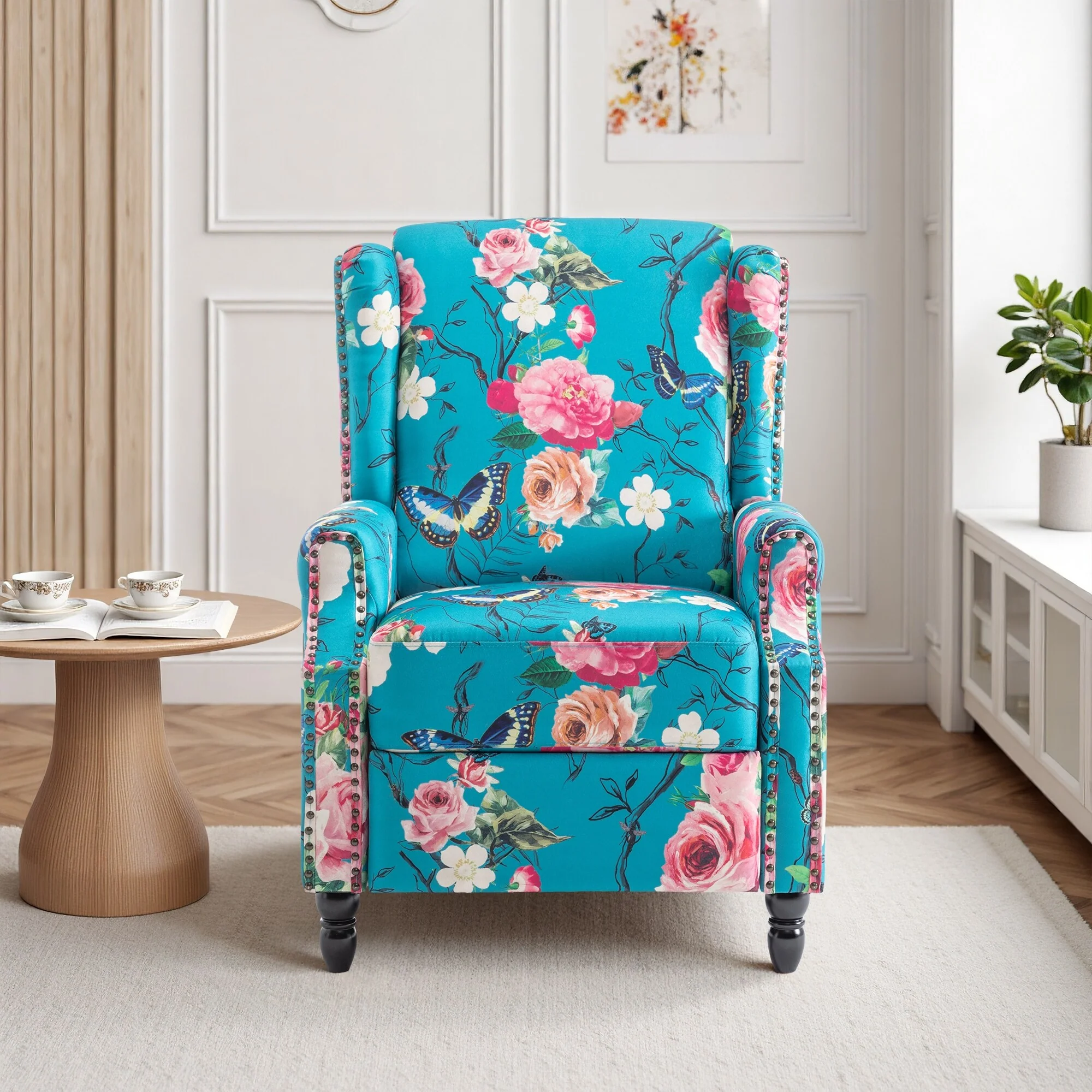 Linen Manual Upholstered Recliner with Wood Legs