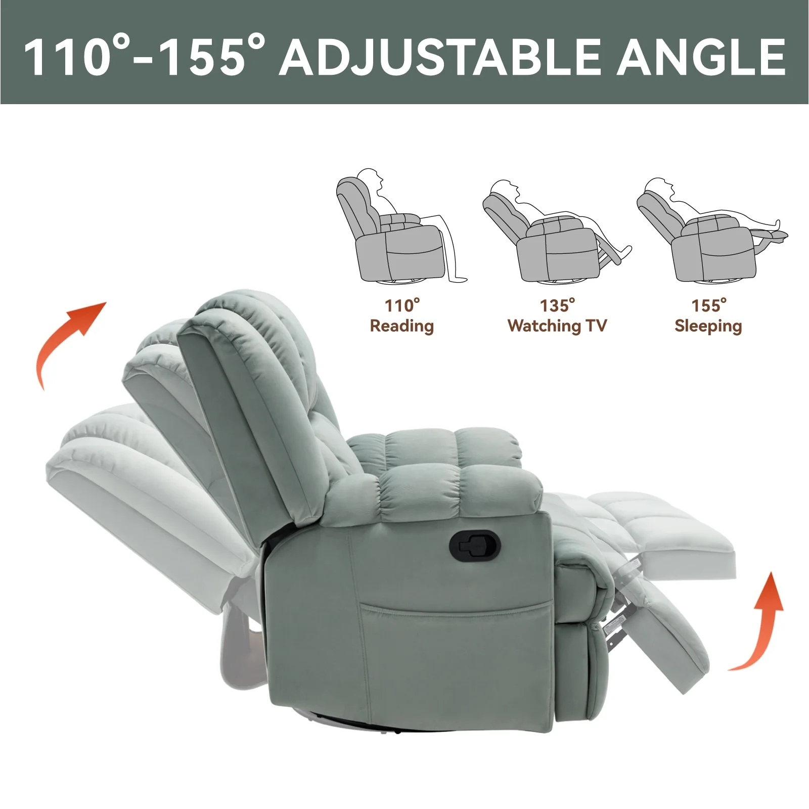 Extra-Large Manual Recliner Chair with 360�� Swivel Base and Rocking Motion, Tool-Free Assembly