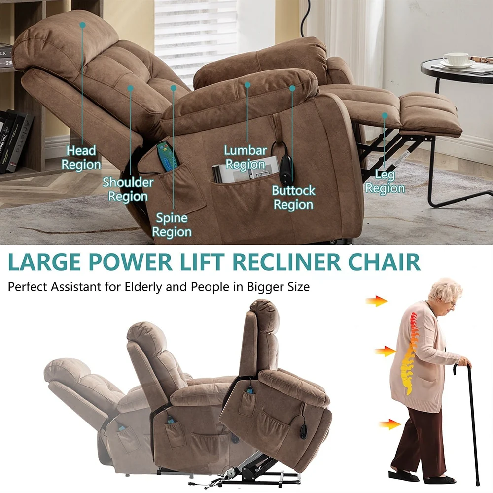 Large Electric Massage Lift Recliner with Heat, Hidden Cup Holder
