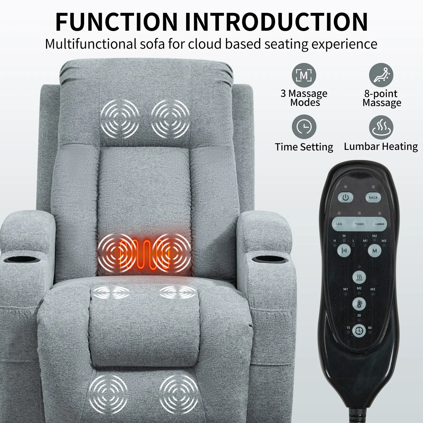 Power Lift Recliner Chair with Massage, Lumbar Heat, USB & Cup Holders