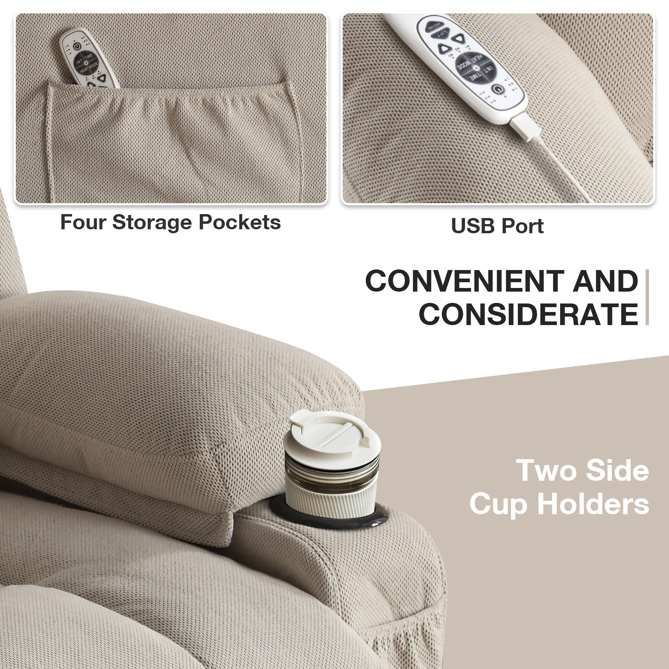 Beige Electric Recliner with Heat, Massage, USB, and Remote Control