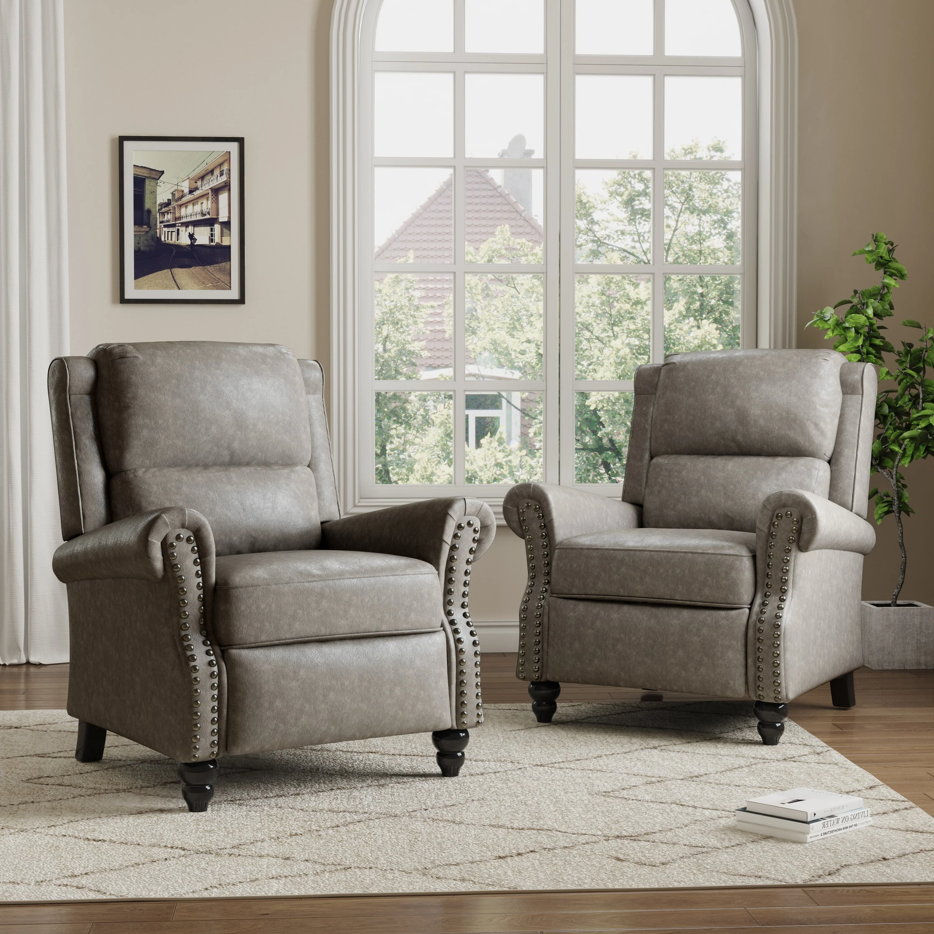 2 Set Manual Pushback Recliner Chair with Nailhead Trim