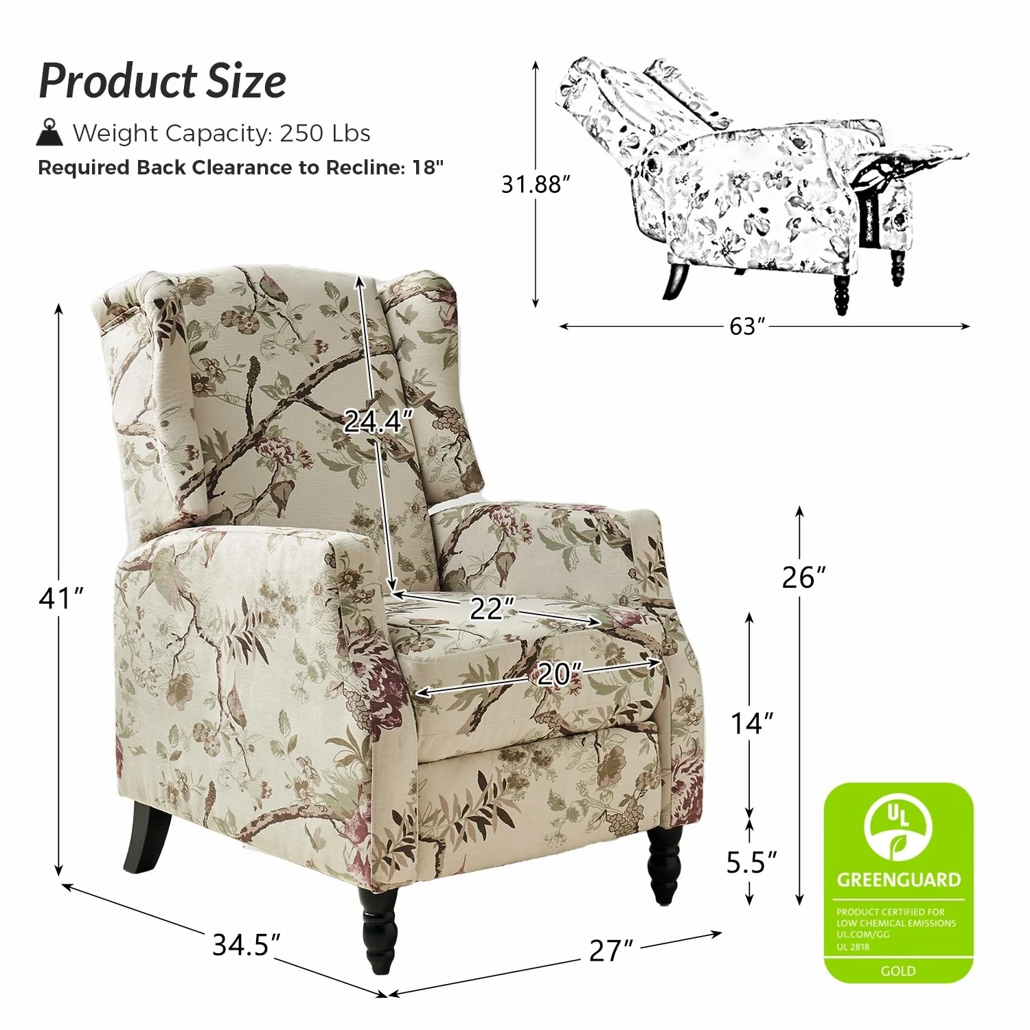 Damaris Mid-Century Modern Manual Pushback Recliner with Wingback Design by HULALA HOME