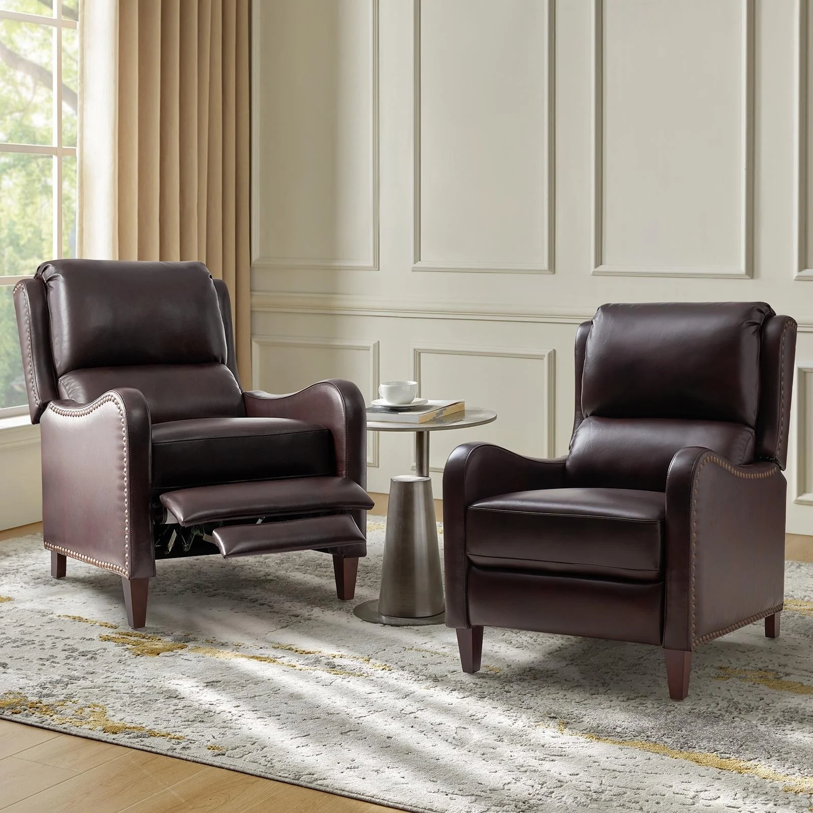 Brigida Modern Genuine Leather Nailhead Trim Recliner with Adjustable Footrest Set of 2 by HULALA HOME