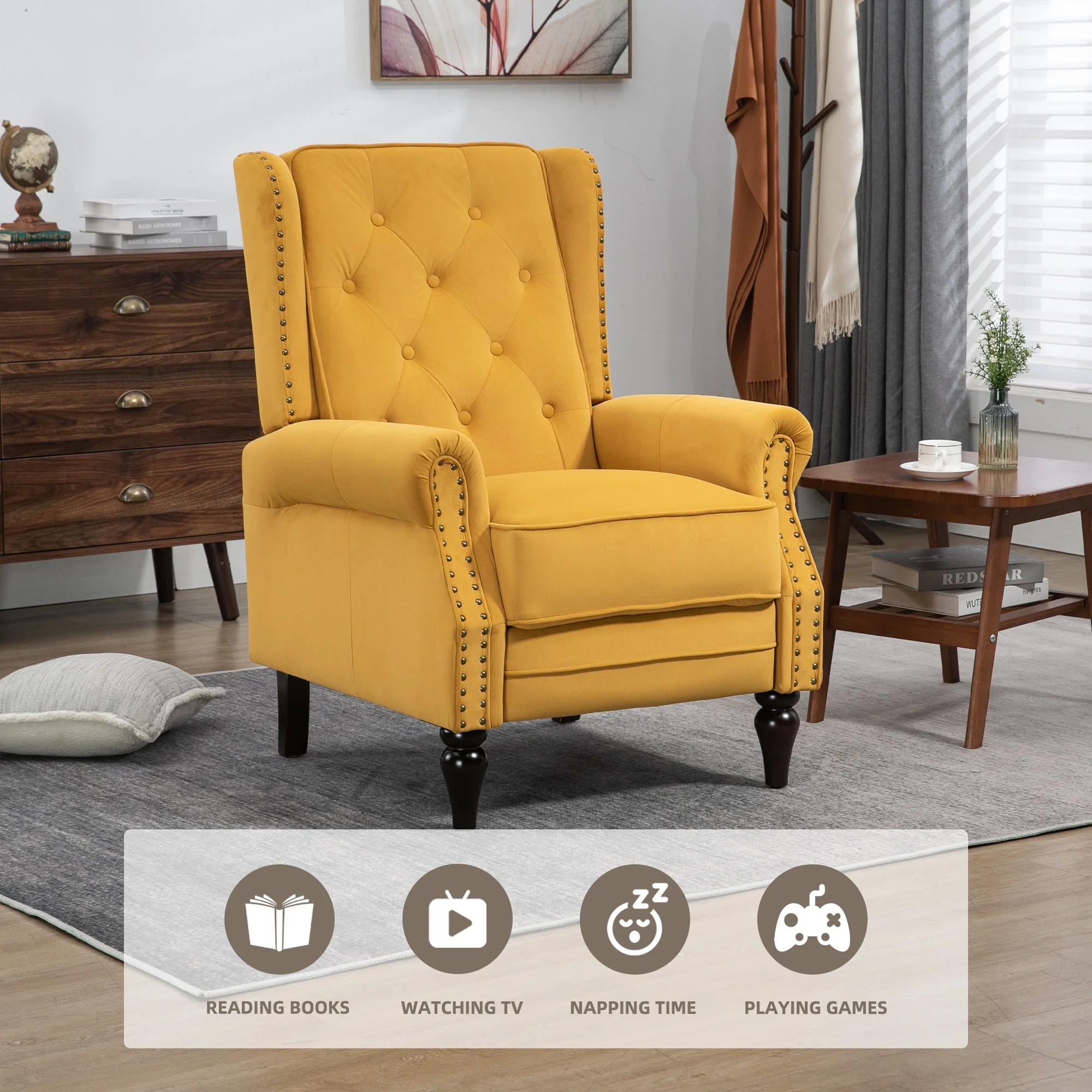 Velvet Upholstered Nailhead Tufted Recliner Chair with Black Legs