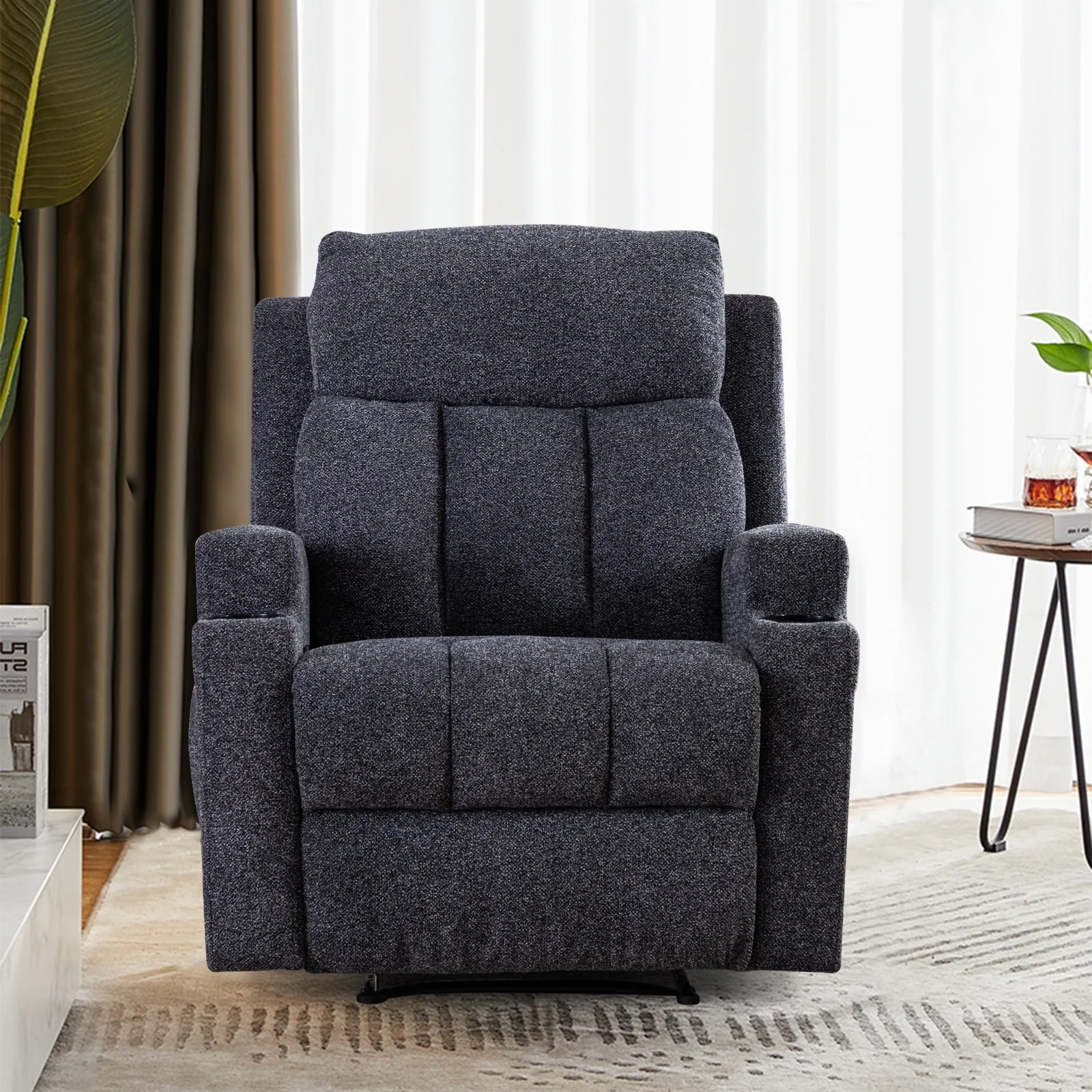 Manual Recliner Massage and Heating Chair Sofa with 2 Cup Holders Breathable Fabric