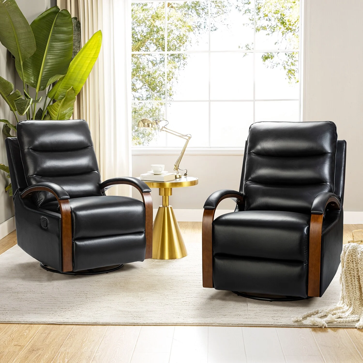 Leopold Genuine Leather Swivel Rocking Manual Recliner Chair with Wooden Arm Accents Set of 2 by HULALA HOME