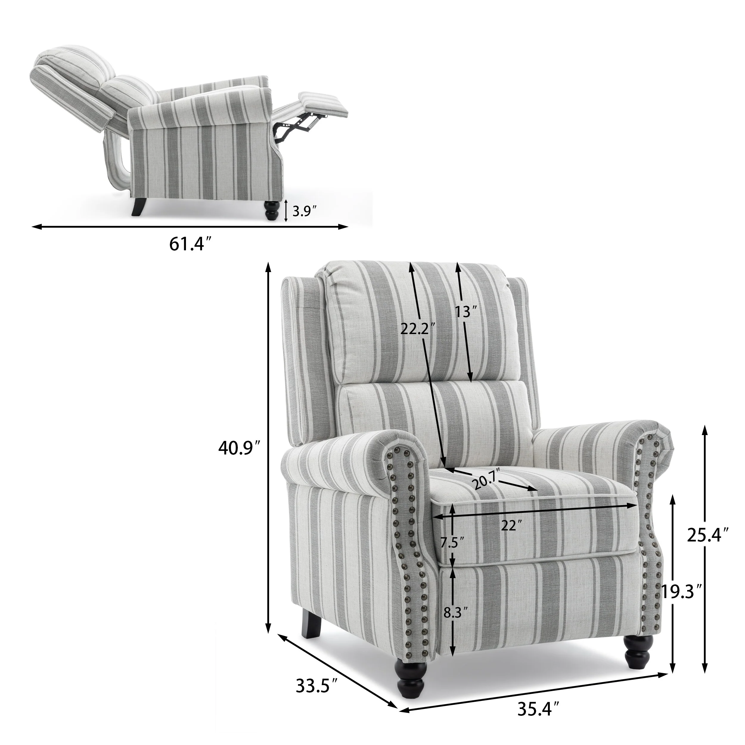 2 Set Manual Pushback Recliner Chair with Nailhead Trim