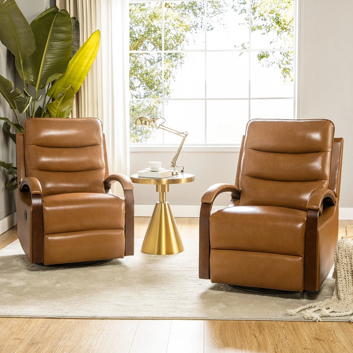 Leopold Genuine Leather Swivel Rocking Manual Recliner Chair with Wooden Arm Accents Set of 2 by HULALA HOME