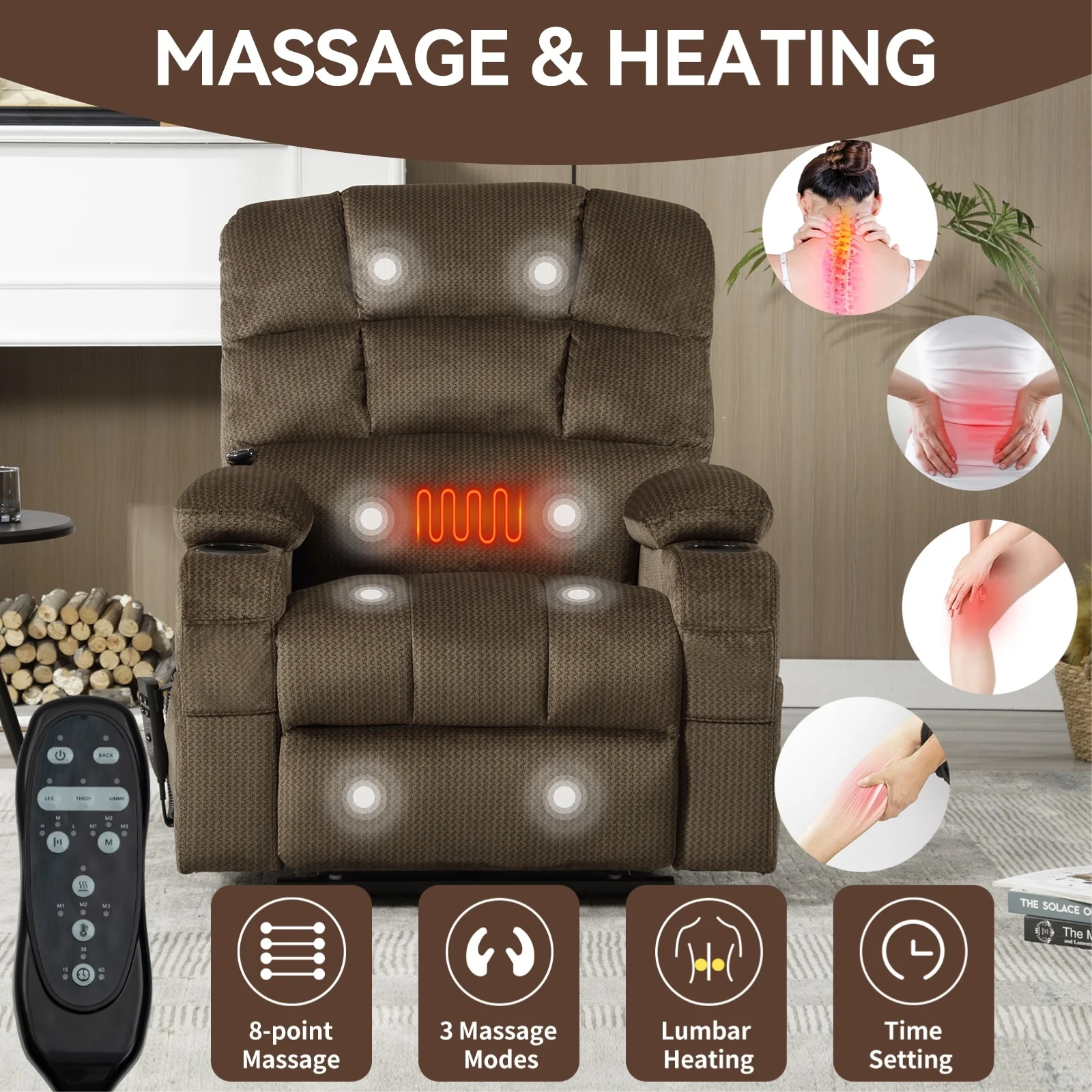 Chenille Power Lift Recliner with Massage, Heating & Cup Holders
