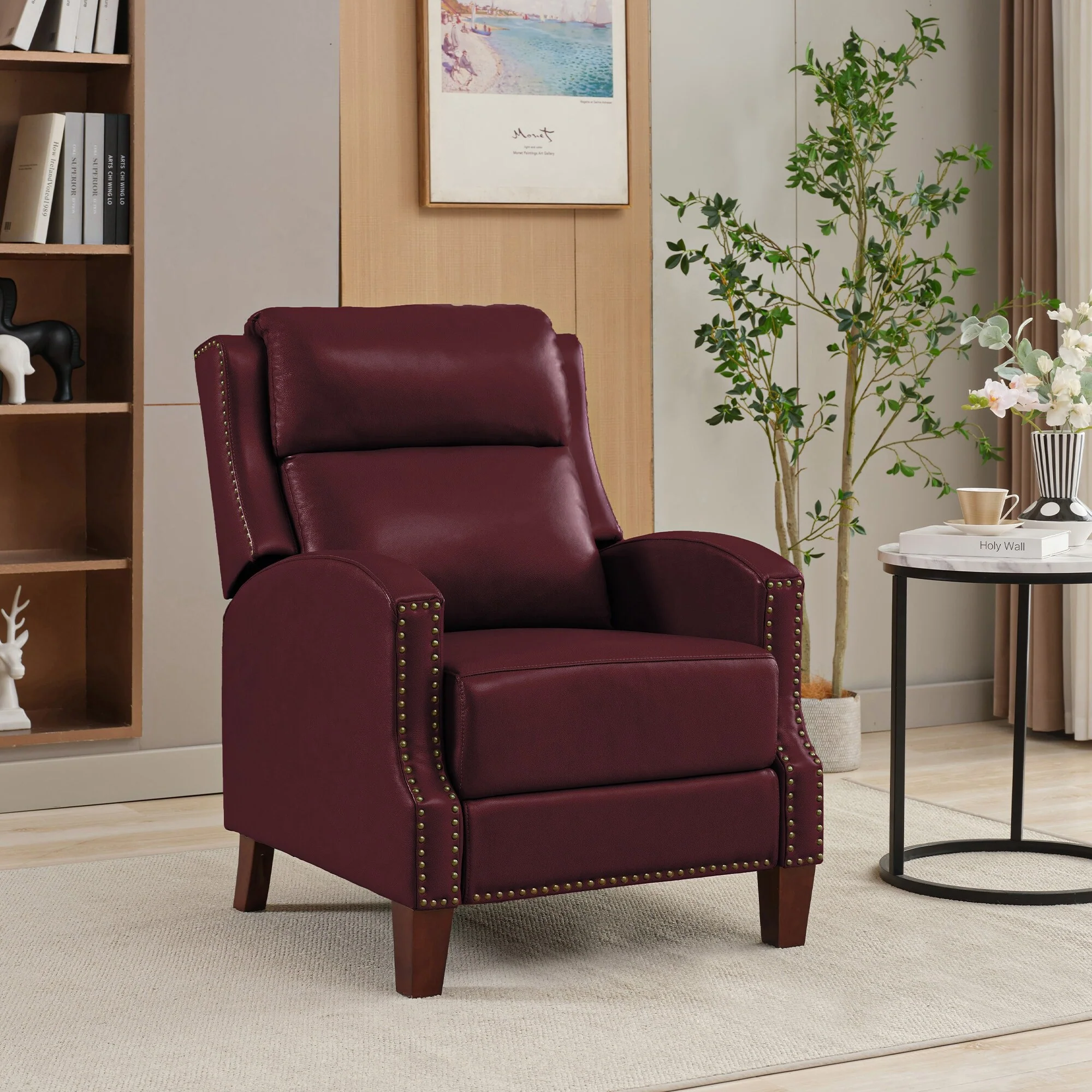 Genuine Leather Pushback Recliner with Multi-Angle Seat Back and Solid Wood Legs