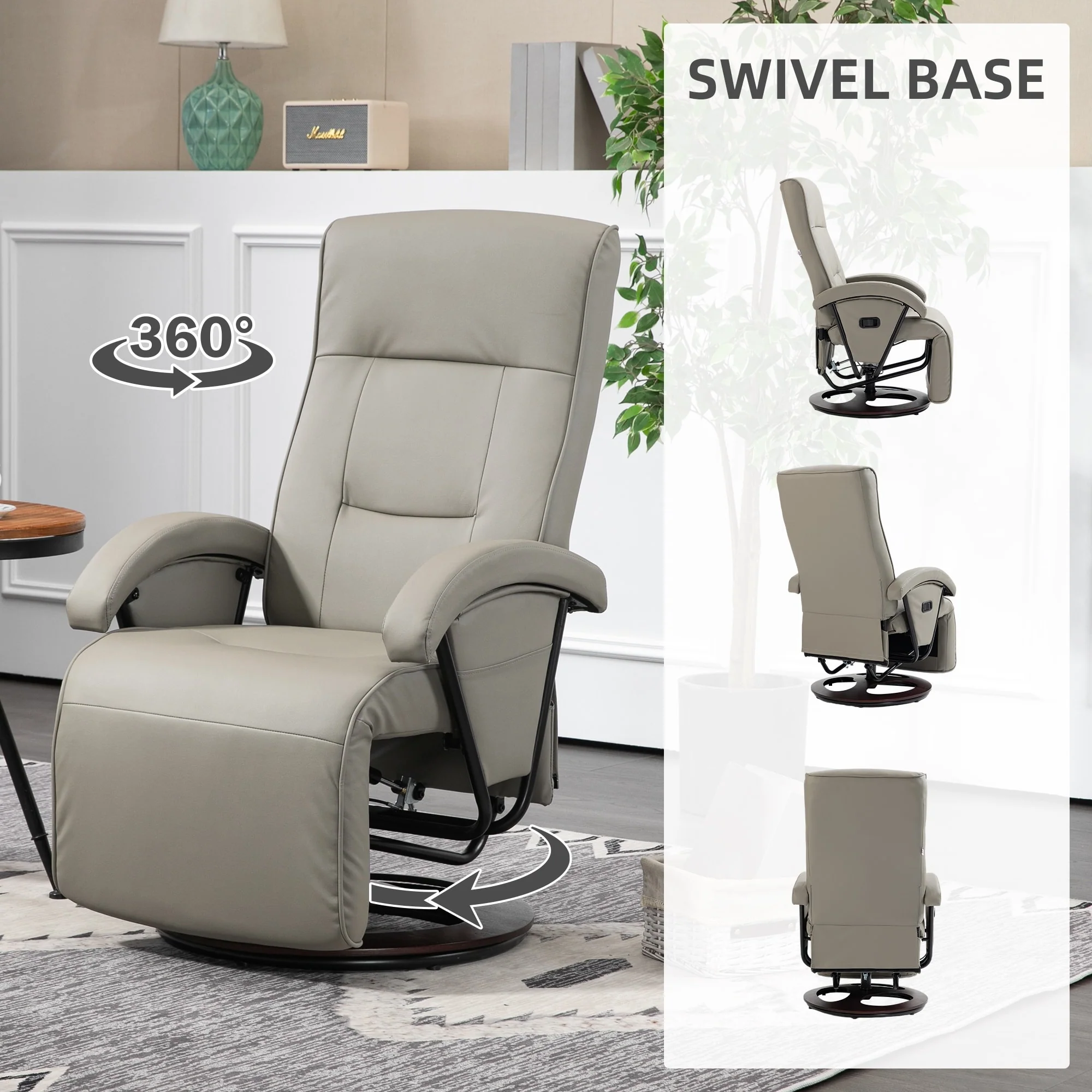 HOMCOM PU Recliner with Footrest, Lounge Chair with 135�� Adjustable Backrest, Swivel Wood Base