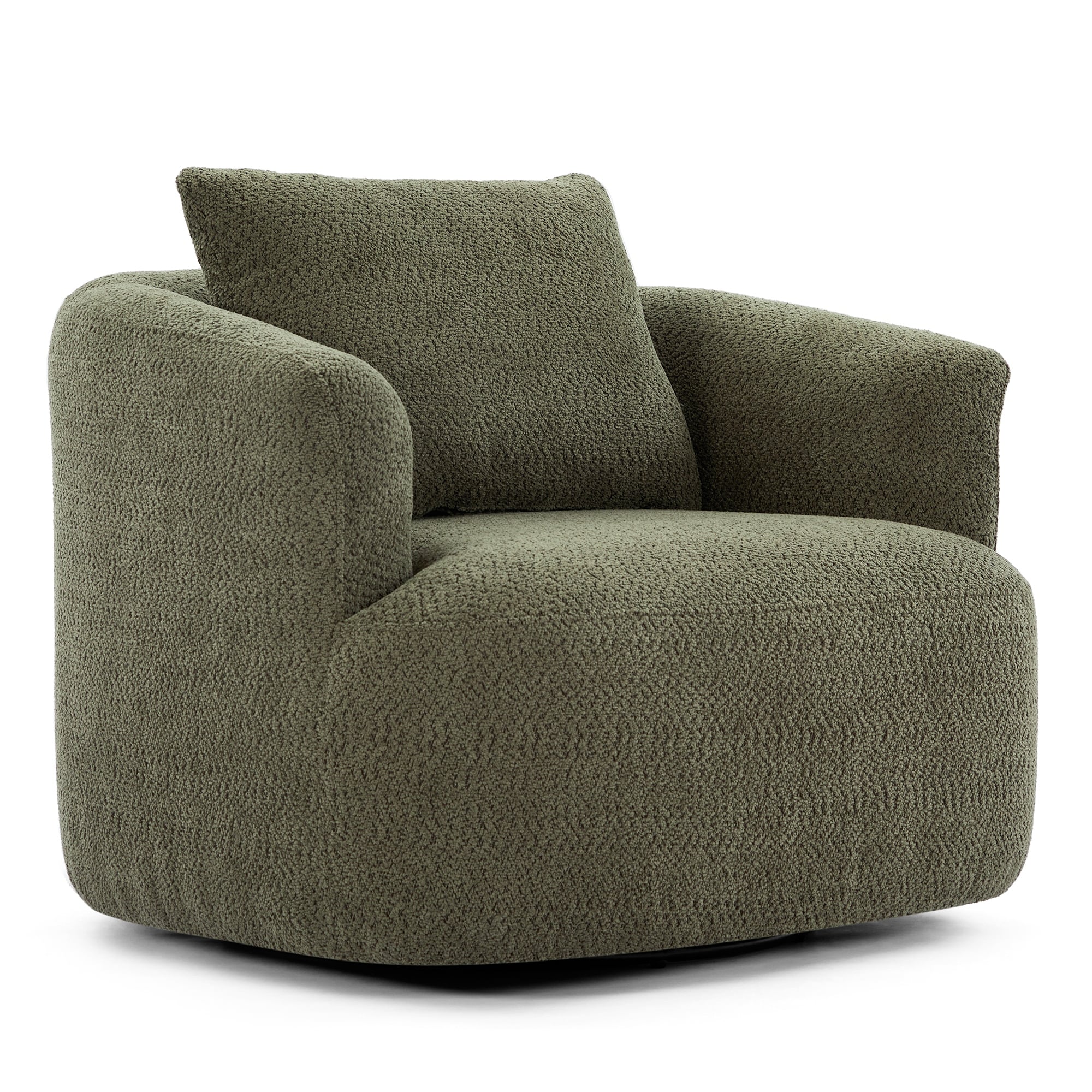 360�� Swivel Chair, 38.2 Boucle Accent Chair with Throw Pillow, Upholstered Barrel Sofa Chair with Curved Armrests